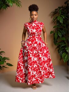 Elegant Red Floral Printed A-Line Cut Out Plus Size Dress for Summer Beach Days, Perfect Boho Holiday Outfit for Spring and Summer - Chic, Classy and Trendy Fashion Style to Dress to Impress
