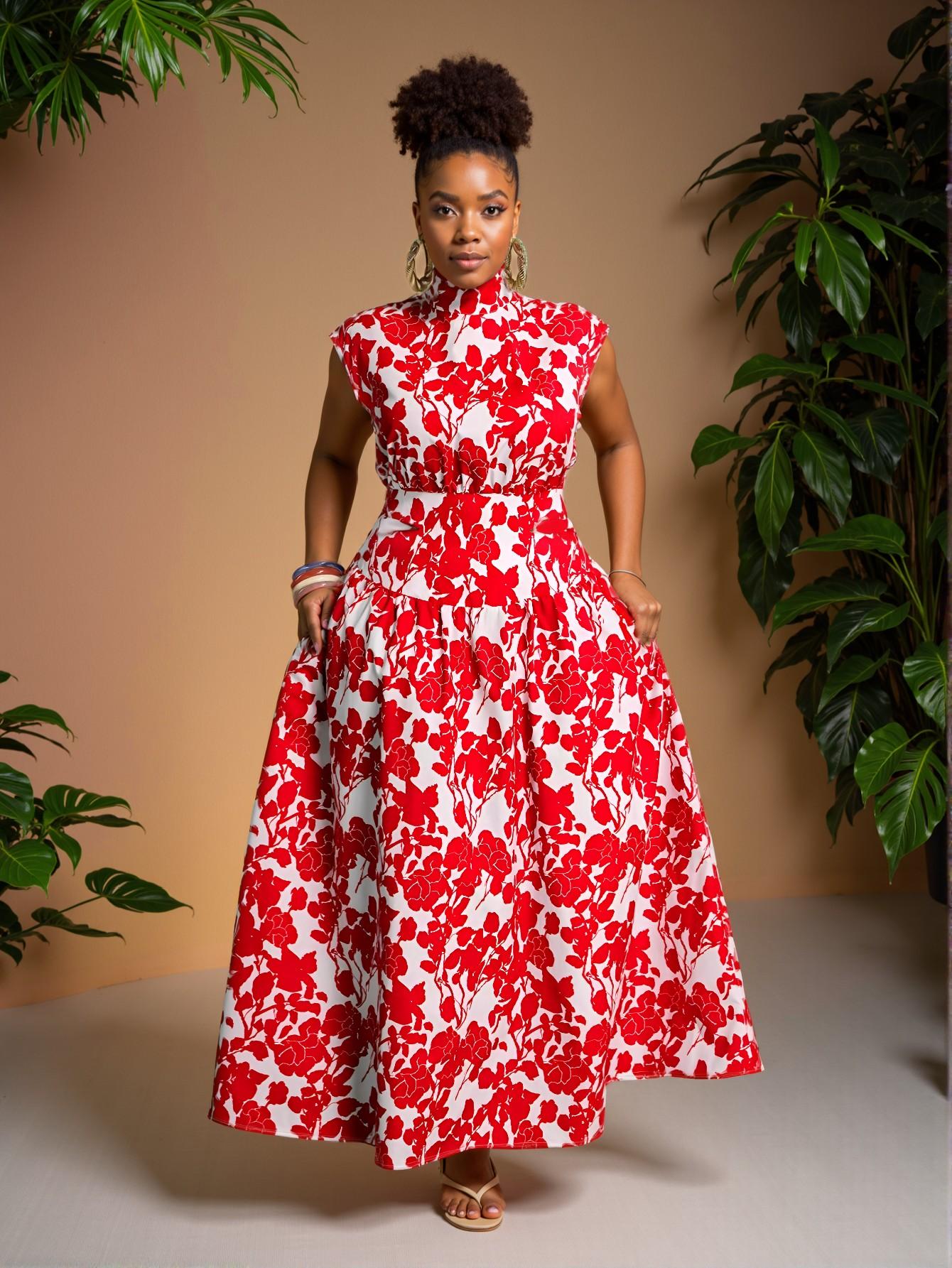 Elegant Red Floral Printed A-Line Cut Out Plus Size Dress for Summer Beach Days, Perfect Boho Holiday Outfit for Spring and Summer - Chic, Classy and Trendy Fashion Style to Dress to Impress