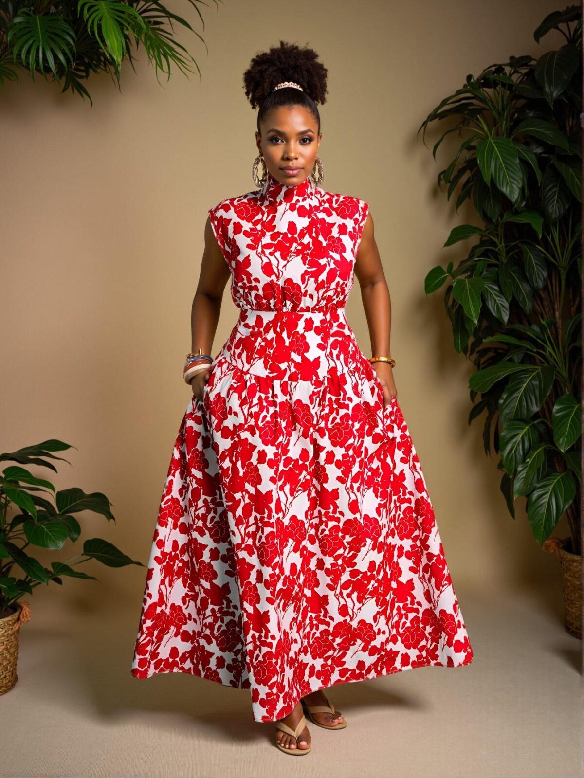 Elegant Red Floral Printed A-Line Cut Out Plus Size Dress for Summer Beach Days, Perfect Boho Holiday Outfit for Spring and Summer - Chic, Classy and Trendy Fashion Style to Dress to Impress - Image 4