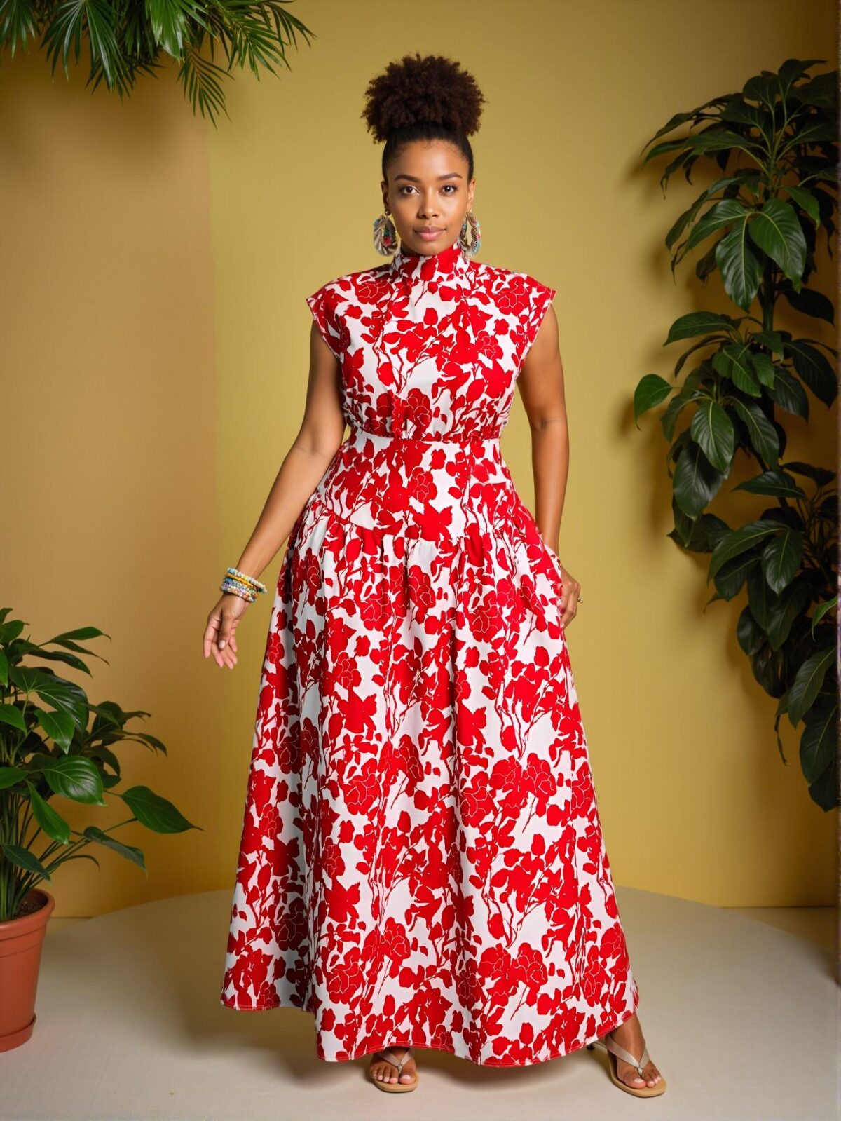 Elegant Red Floral Printed A-Line Cut Out Plus Size Dress for Summer Beach Days, Perfect Boho Holiday Outfit for Spring and Summer - Chic, Classy and Trendy Fashion Style to Dress to Impress - Image 5