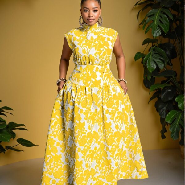 Elegant Yellow Floral Print A-Line Plus Size Dress with High Waist and Cut Out Details for Spring and Summer - Chic, Classy and Trendy Fashion Style to Dress to Impress