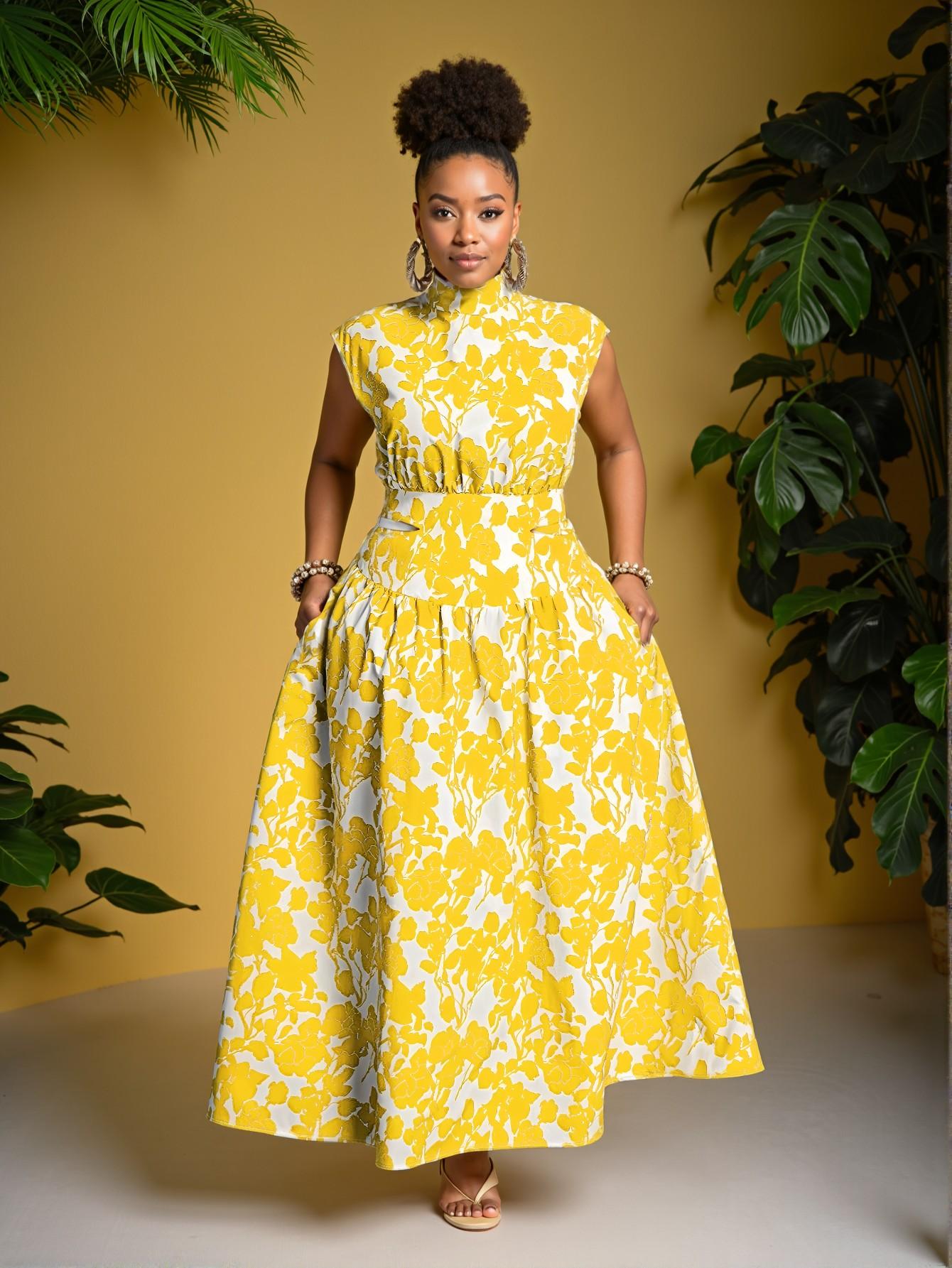 Elegant Yellow Floral Print A-Line Plus Size Dress with High Waist and Cut Out Details for Spring and Summer - Chic, Classy and Trendy Fashion Style to Dress to Impress