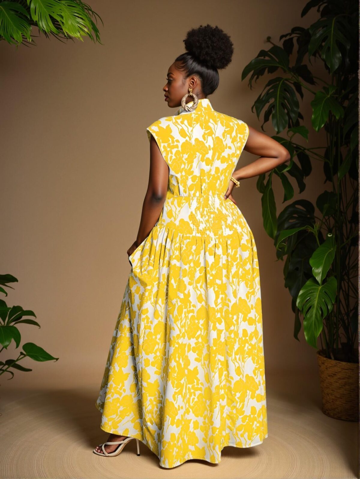 Elegant Yellow Floral Print A-Line Plus Size Dress with High Waist and Cut Out Details for Spring and Summer - Chic, Classy and Trendy Fashion Style to Dress to Impress - Image 2
