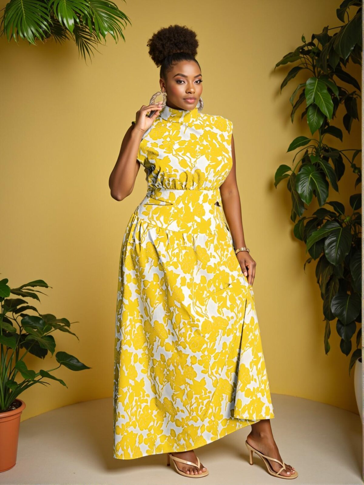 Elegant Yellow Floral Print A-Line Plus Size Dress with High Waist and Cut Out Details for Spring and Summer - Chic, Classy and Trendy Fashion Style to Dress to Impress - Image 3