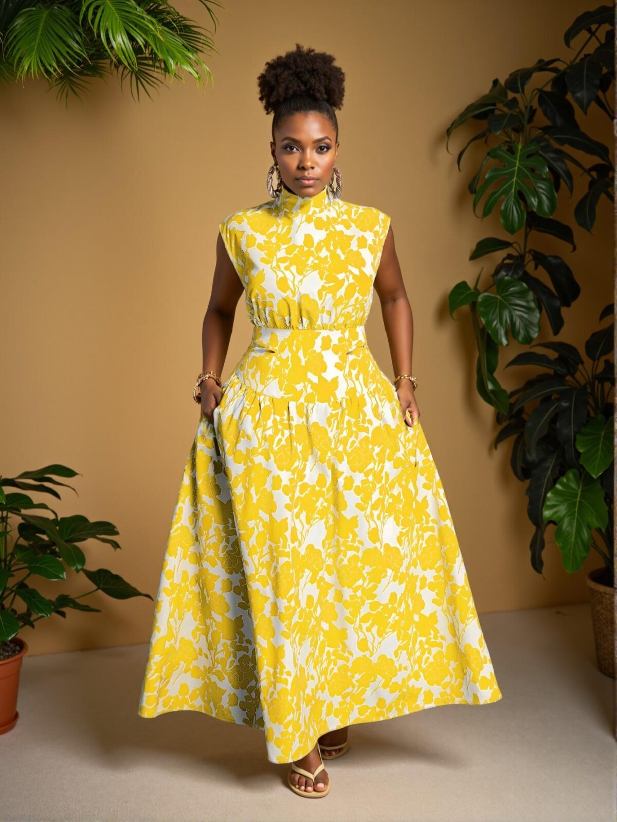Elegant Yellow Floral Print A-Line Plus Size Dress with High Waist and Cut Out Details for Spring and Summer - Chic, Classy and Trendy Fashion Style to Dress to Impress - Image 4