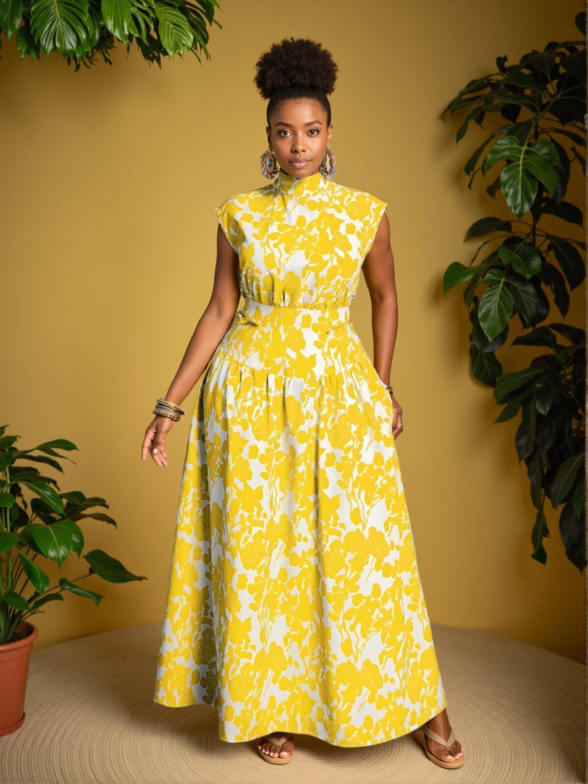 Elegant Yellow Floral Print A-Line Plus Size Dress with High Waist and Cut Out Details for Spring and Summer - Chic, Classy and Trendy Fashion Style to Dress to Impress - Image 5