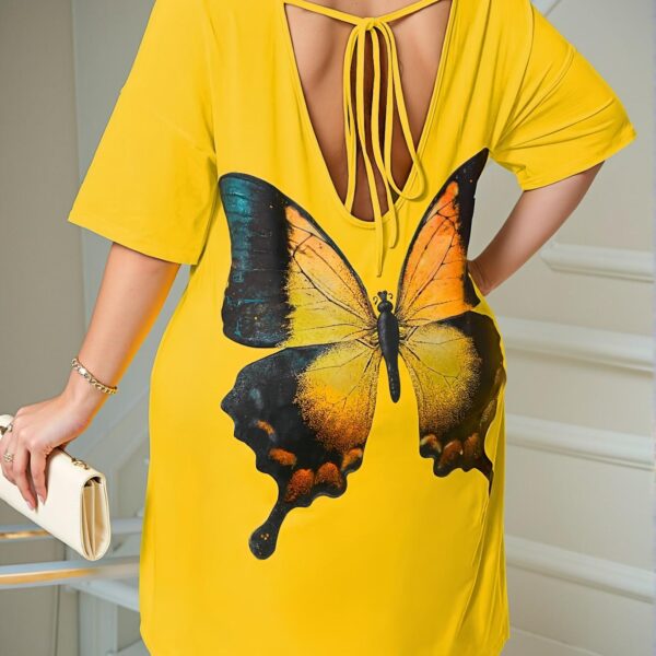 Elegant Yellow Butterfly Printed Backless Drop Shoulder Loose Summer Dress with Tie Straps for Warm Weather Chic, Classy and Trendy Fashion Style to Dress to Impress