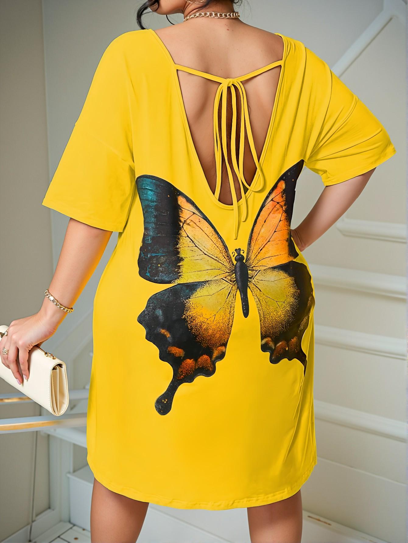 Elegant Yellow Butterfly Printed Backless Drop Shoulder Loose Summer Dress with Tie Straps for Warm Weather Chic, Classy and Trendy Fashion Style to Dress to Impress