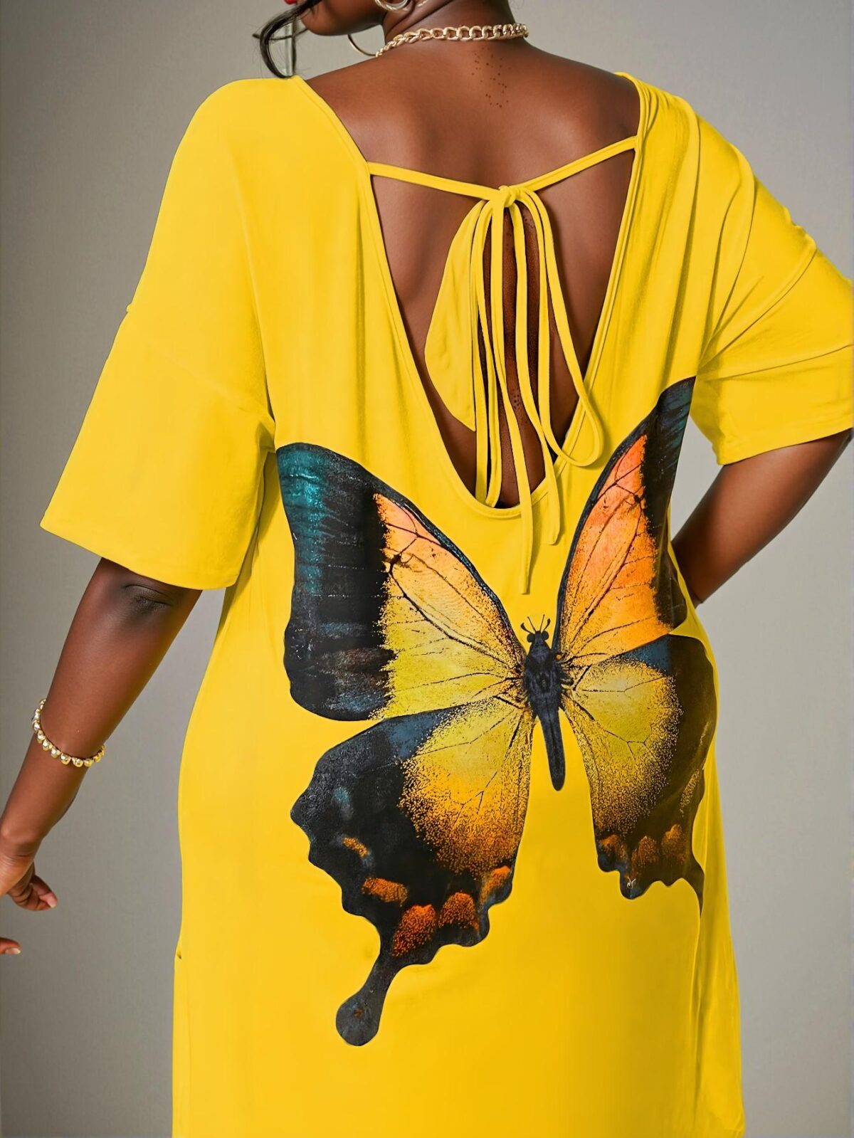 Elegant Yellow Butterfly Printed Backless Drop Shoulder Loose Summer Dress with Tie Straps for Warm Weather Chic, Classy and Trendy Fashion Style to Dress to Impress - Image 4