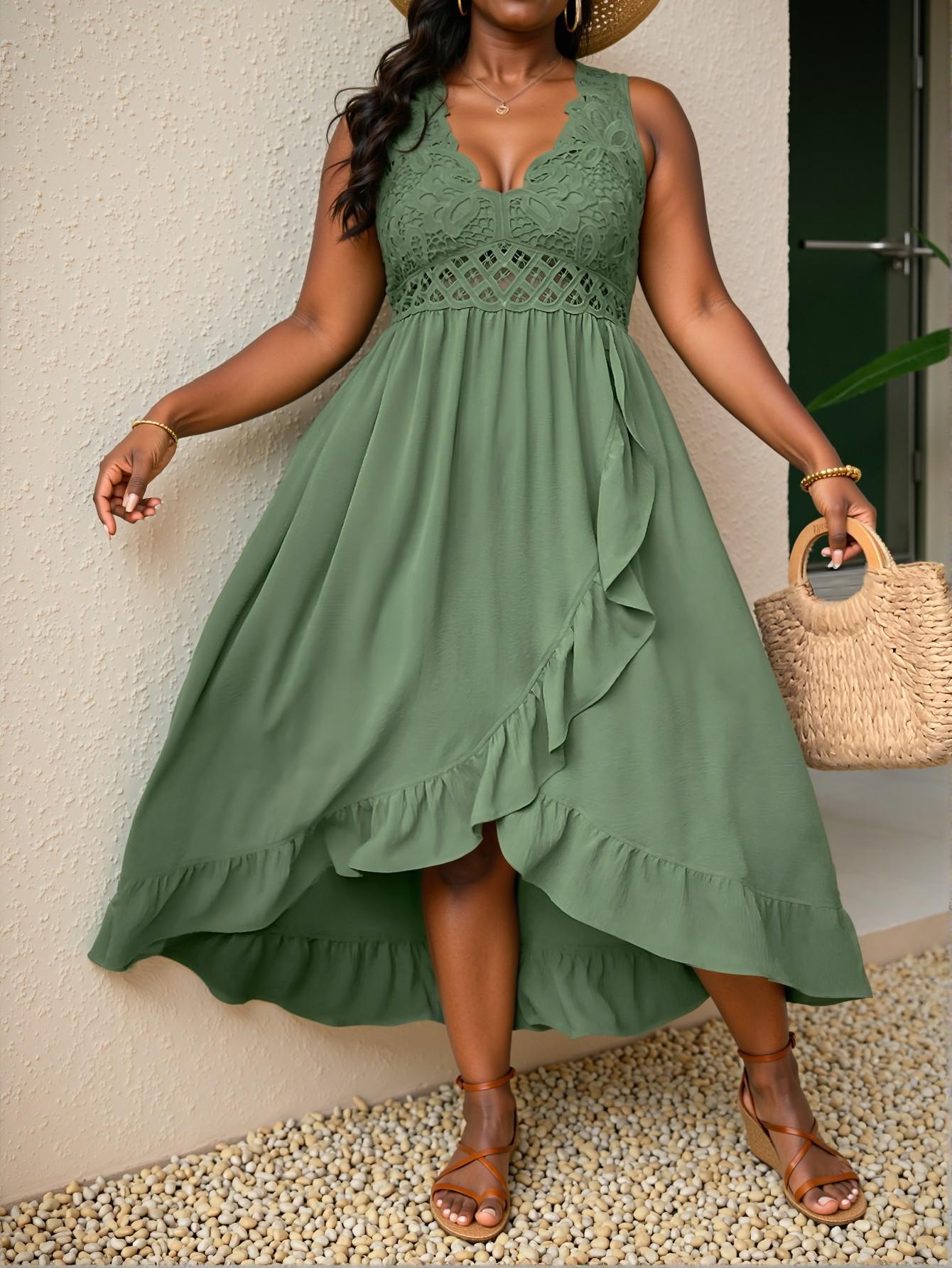 Elegant Army Green Delightful Plus Size Vacation Cami Dress with Ruffle Trim for Spring and Summer - Chic, Classy, and Trendy Fashion Style to Dress to Impress