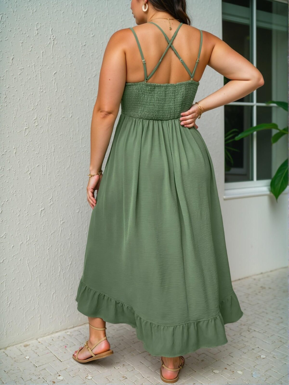Elegant Army Green Delightful Plus Size Vacation Cami Dress with Ruffle Trim for Spring and Summer - Chic, Classy, and Trendy Fashion Style to Dress to Impress - Image 2