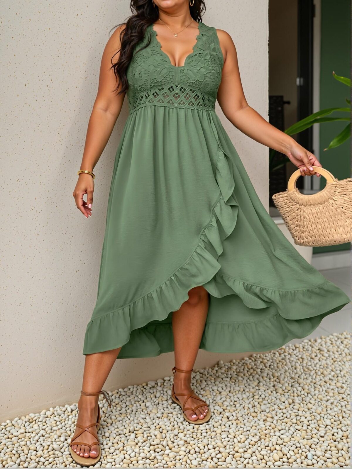 Elegant Army Green Delightful Plus Size Vacation Cami Dress with Ruffle Trim for Spring and Summer - Chic, Classy, and Trendy Fashion Style to Dress to Impress - Image 4