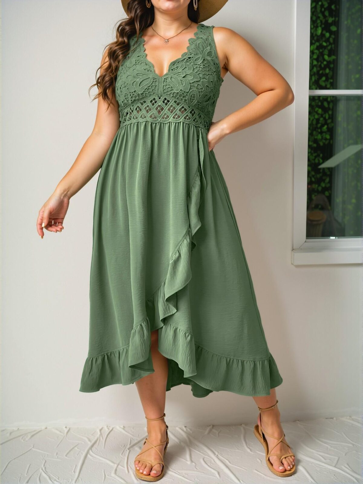 Elegant Army Green Delightful Plus Size Vacation Cami Dress with Ruffle Trim for Spring and Summer - Chic, Classy, and Trendy Fashion Style to Dress to Impress - Image 5