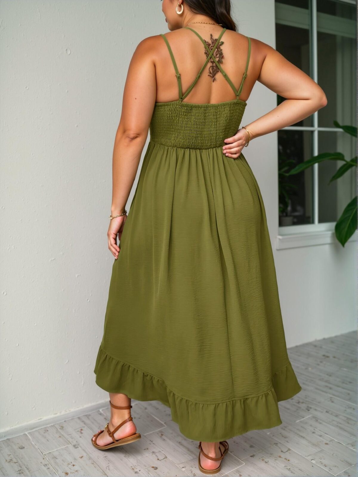 Elegant Army Green Effortless Contrast Lace Ruffle Hem Cami Dress for Vacation Casual Spring/Summer Chic, Classy and Trendy Fashion Style to Dress to Impress - Image 2