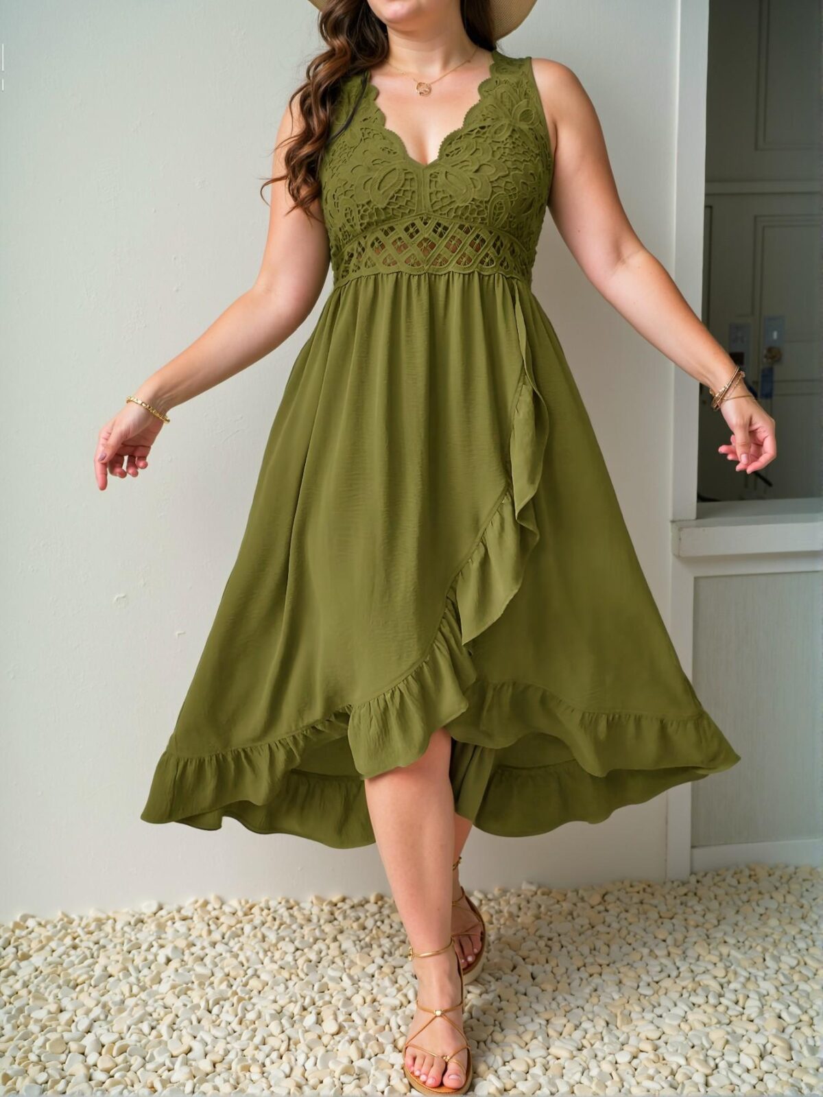 Elegant Army Green Effortless Contrast Lace Ruffle Hem Cami Dress for Vacation Casual Spring/Summer Chic, Classy and Trendy Fashion Style to Dress to Impress - Image 3
