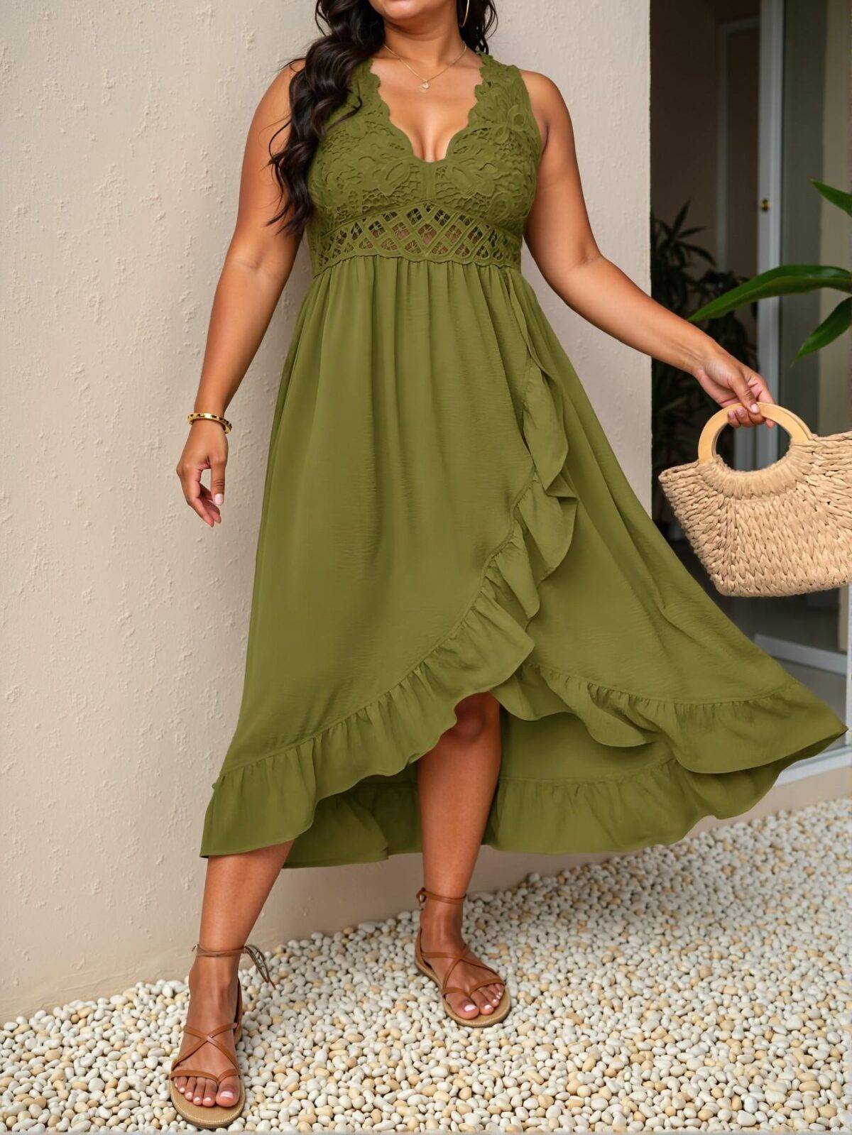 Elegant Army Green Effortless Contrast Lace Ruffle Hem Cami Dress for Vacation Casual Spring/Summer Chic, Classy and Trendy Fashion Style to Dress to Impress - Image 4