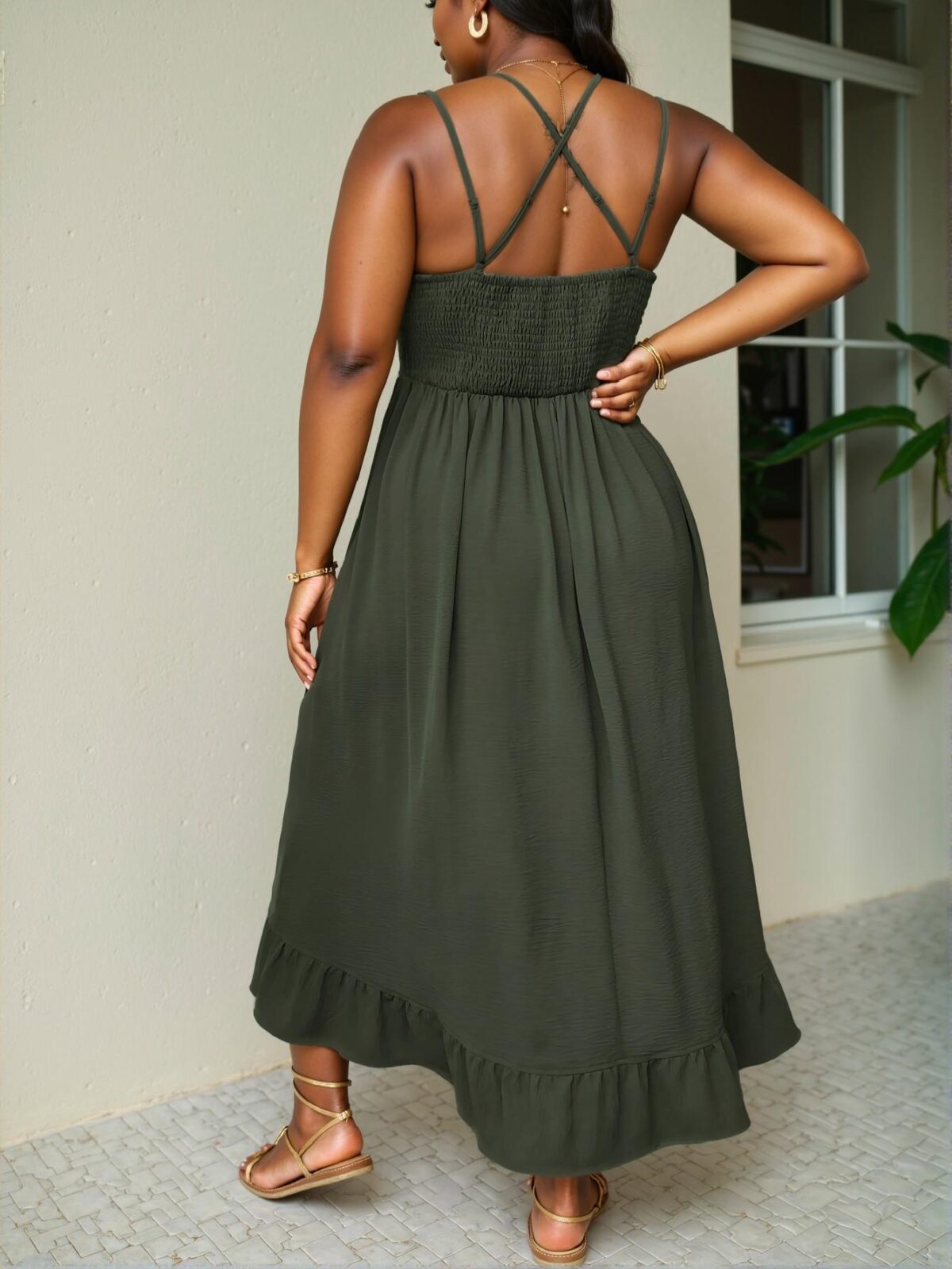 Elegant Army Green Casual Ruffle Trim Sleeveless Midi Vacation Dress Perfect for Spring and Summer Chic, Classy and Trendy Fashion Style to Dress to Impress - Image 2