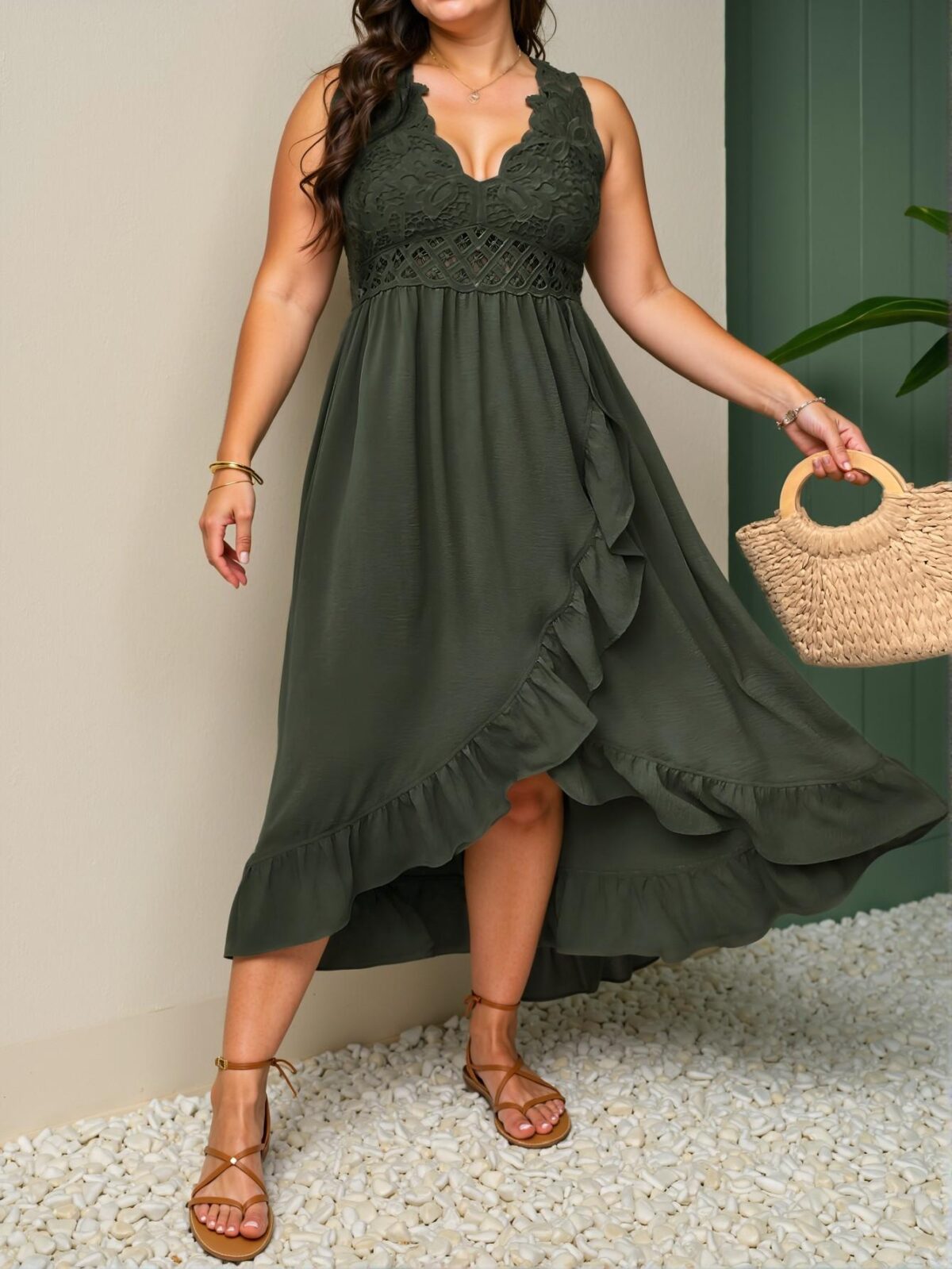 Elegant Army Green Casual Ruffle Trim Sleeveless Midi Vacation Dress Perfect for Spring and Summer Chic, Classy and Trendy Fashion Style to Dress to Impress - Image 3