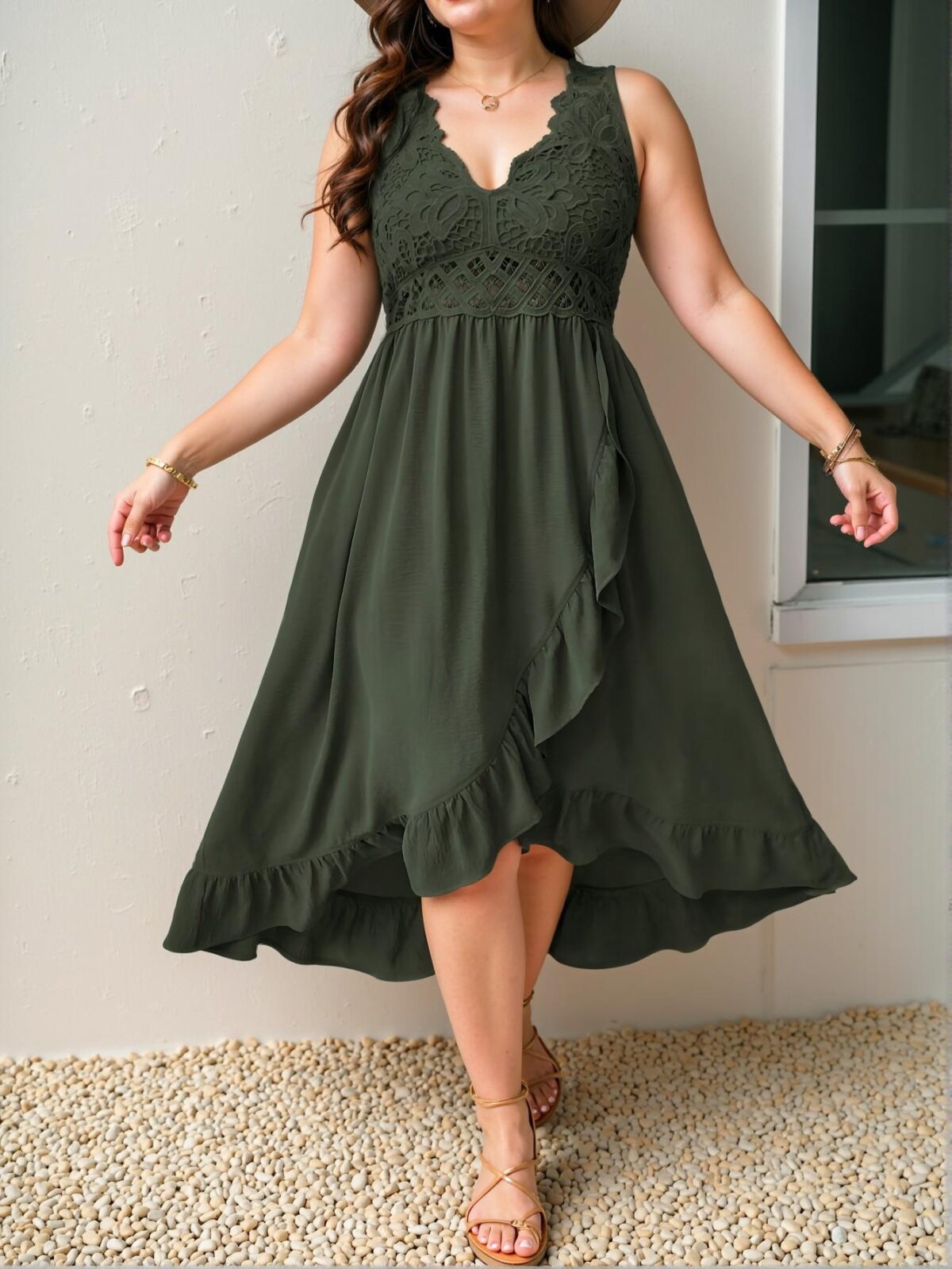 Elegant Army Green Casual Ruffle Trim Sleeveless Midi Vacation Dress Perfect for Spring and Summer Chic, Classy and Trendy Fashion Style to Dress to Impress - Image 4