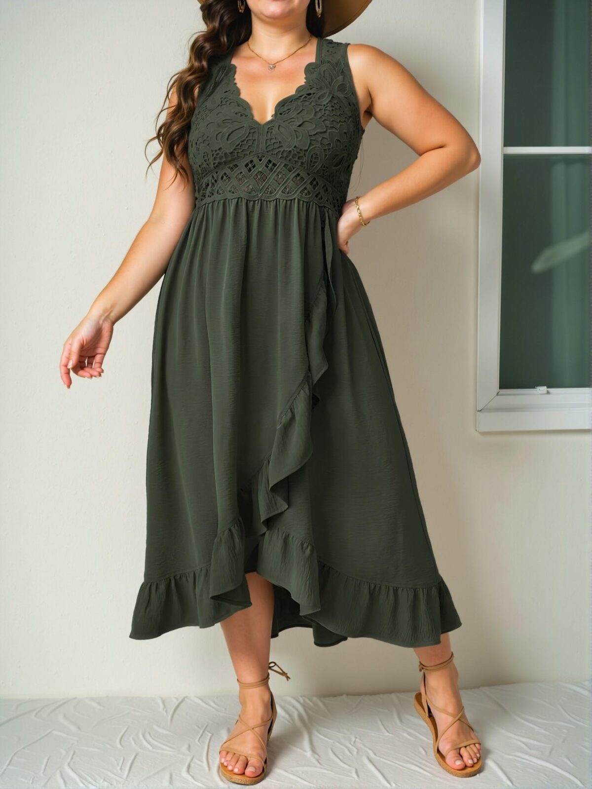 Elegant Army Green Casual Ruffle Trim Sleeveless Midi Vacation Dress Perfect for Spring and Summer Chic, Classy and Trendy Fashion Style to Dress to Impress - Image 5