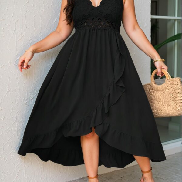 Elegant Black Casual Lace-Trimmed Ruffle Hem Cami Dress, Ideal for Beach Days and Summer Vacations, Chic, Classy and Trendy Fashion Style to Dress to Impress