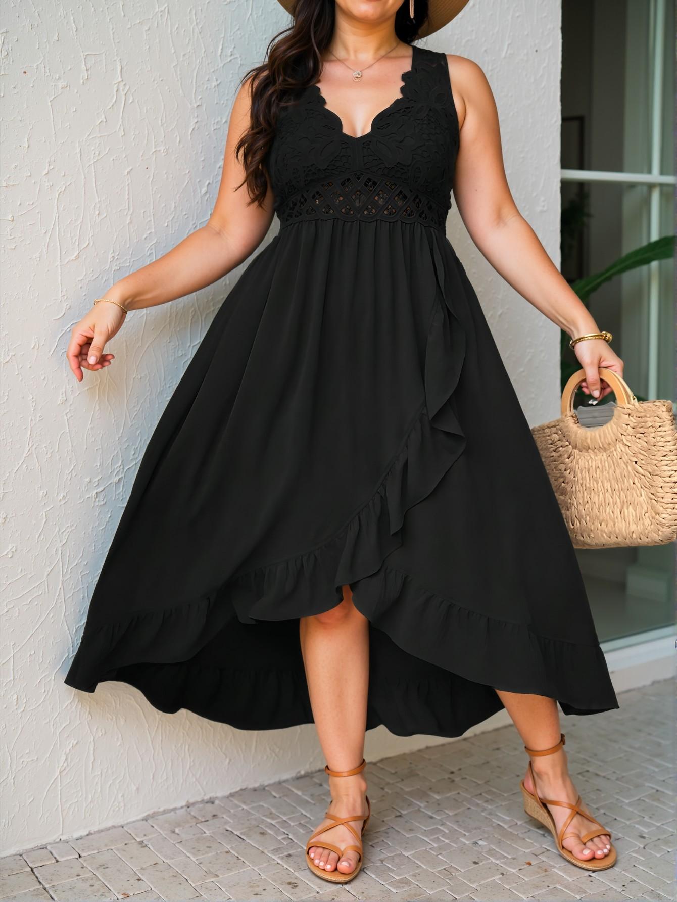 Elegant Black Casual Lace-Trimmed Ruffle Hem Cami Dress, Ideal for Beach Days and Summer Vacations, Chic, Classy and Trendy Fashion Style to Dress to Impress