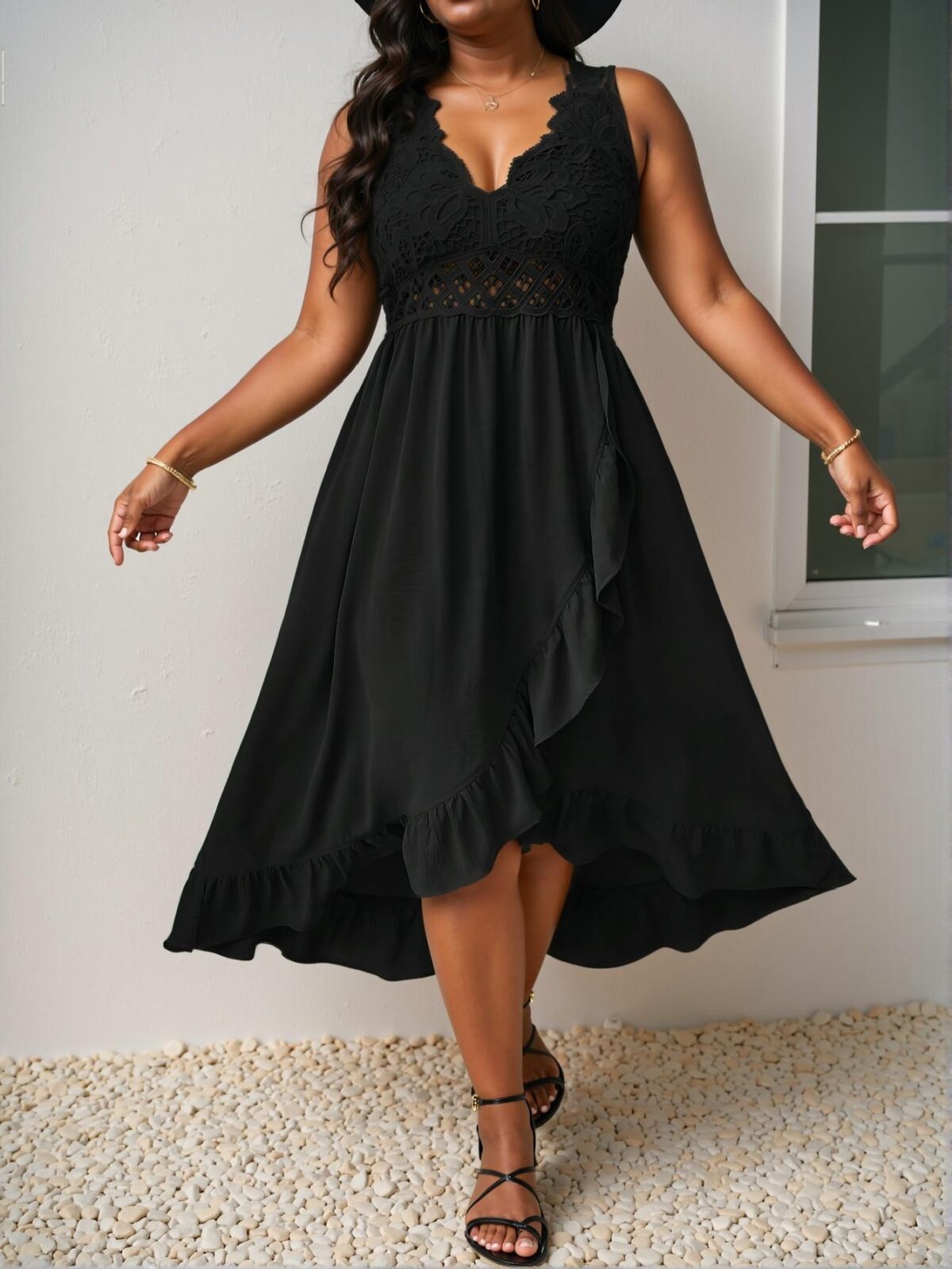 Elegant Black Casual Lace-Trimmed Ruffle Hem Cami Dress, Ideal for Beach Days and Summer Vacations, Chic, Classy and Trendy Fashion Style to Dress to Impress - Image 3