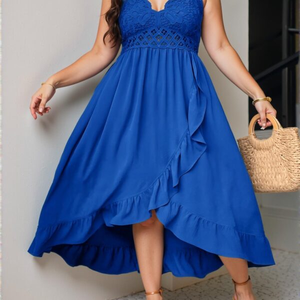 Elegant Royal Blue Charming Plus Size Casual Holiday Midi Dress with Ruffle Straps and Patchwork Details for Spring and Summer - Chic, Classy and Trendy Fashion Style to Dress to Impress