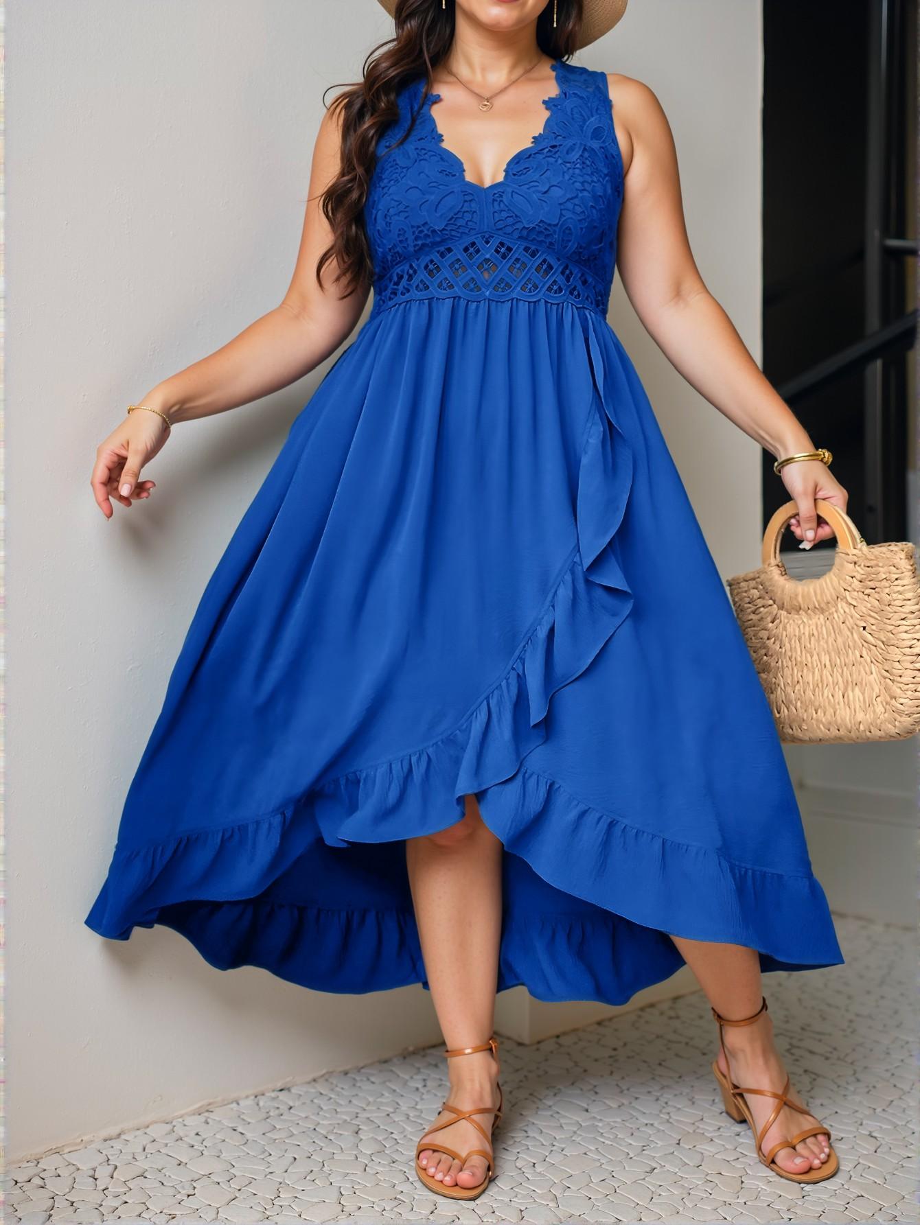 Elegant Royal Blue Charming Plus Size Casual Holiday Midi Dress with Ruffle Straps and Patchwork Details for Spring and Summer - Chic, Classy and Trendy Fashion Style to Dress to Impress