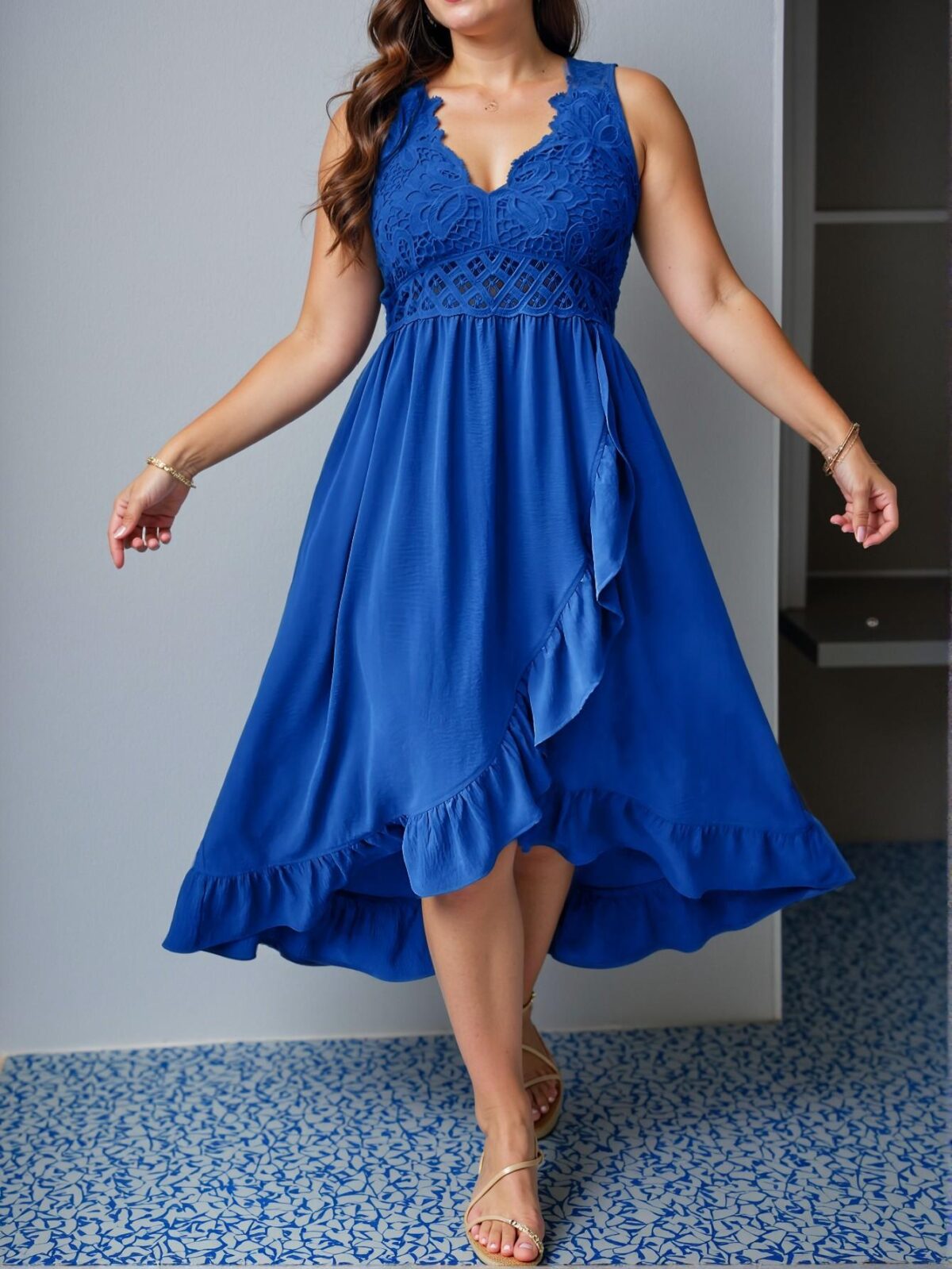 Elegant Royal Blue Charming Plus Size Casual Holiday Midi Dress with Ruffle Straps and Patchwork Details for Spring and Summer - Chic, Classy and Trendy Fashion Style to Dress to Impress - Image 3