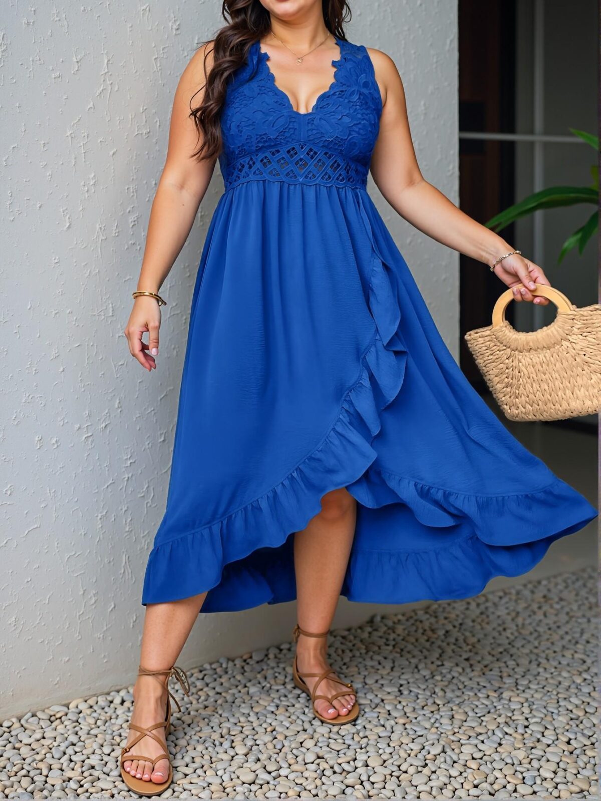 Elegant Royal Blue Charming Plus Size Casual Holiday Midi Dress with Ruffle Straps and Patchwork Details for Spring and Summer - Chic, Classy and Trendy Fashion Style to Dress to Impress - Image 4