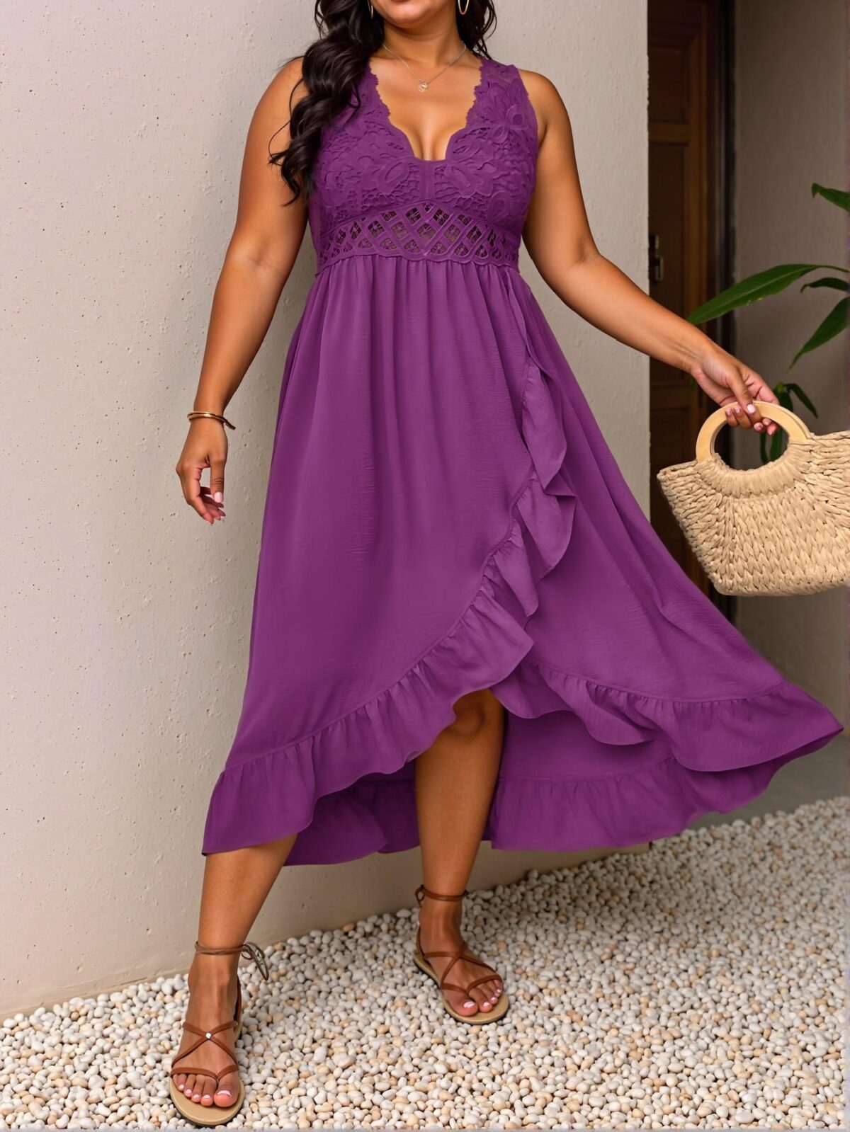 Elegant Violet Purple Casual Ruffle Trim Cami Dress with Patchwork Design for Spring and Summer – Chic, Classy, and Trendy Fashion Style to Dress to Impress - Image 3