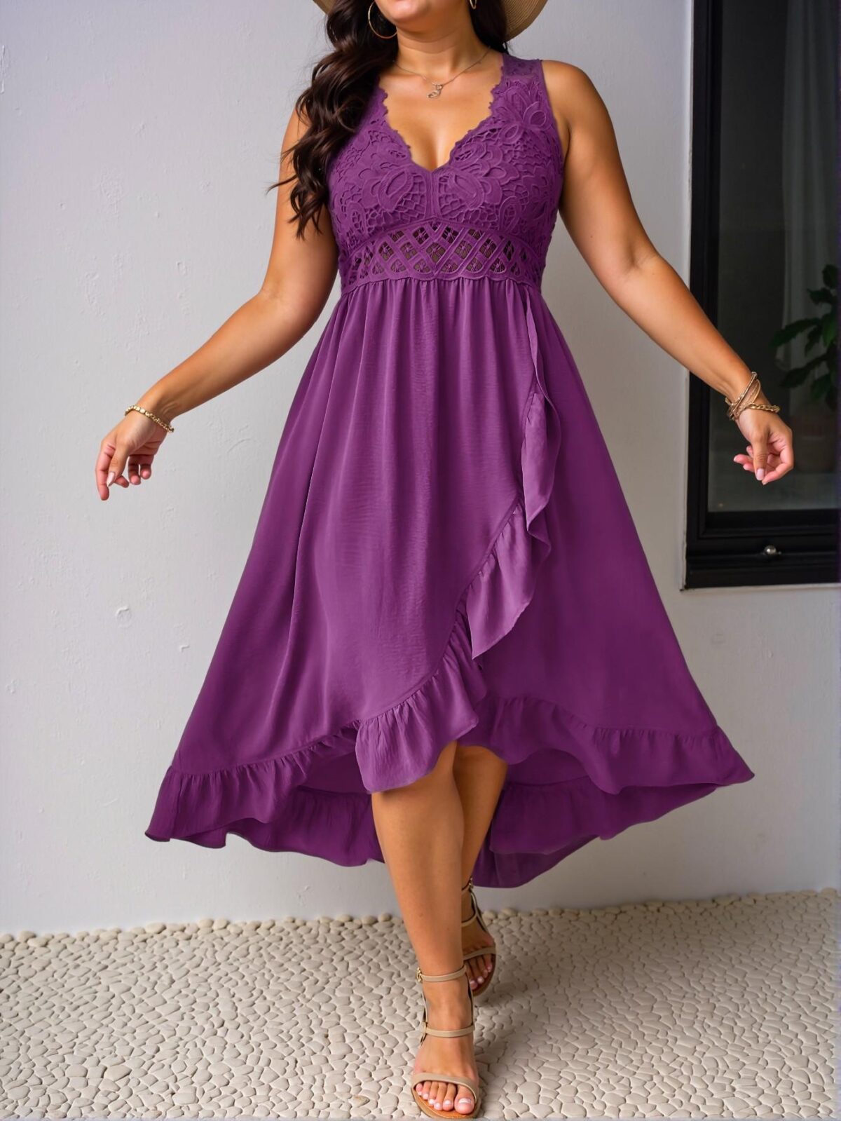 Elegant Violet Purple Casual Ruffle Trim Cami Dress with Patchwork Design for Spring and Summer – Chic, Classy, and Trendy Fashion Style to Dress to Impress - Image 4