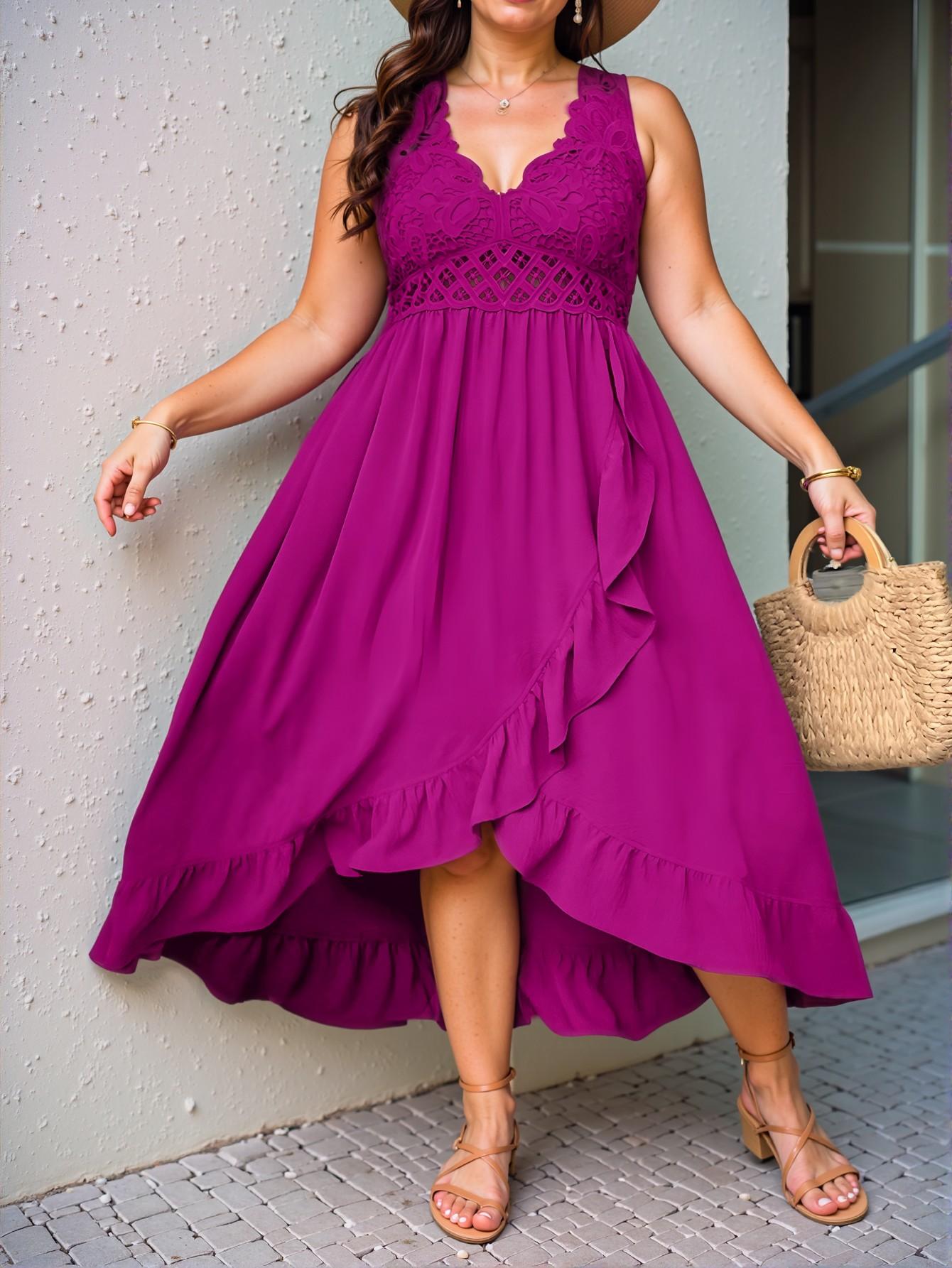 Elegant Red Violet Casual Patchwork Ruffle Trim Camisole Dress for Beach Days and Summertime Fun – Chic, Classy and Trendy Fashion Style to Dress to Impress