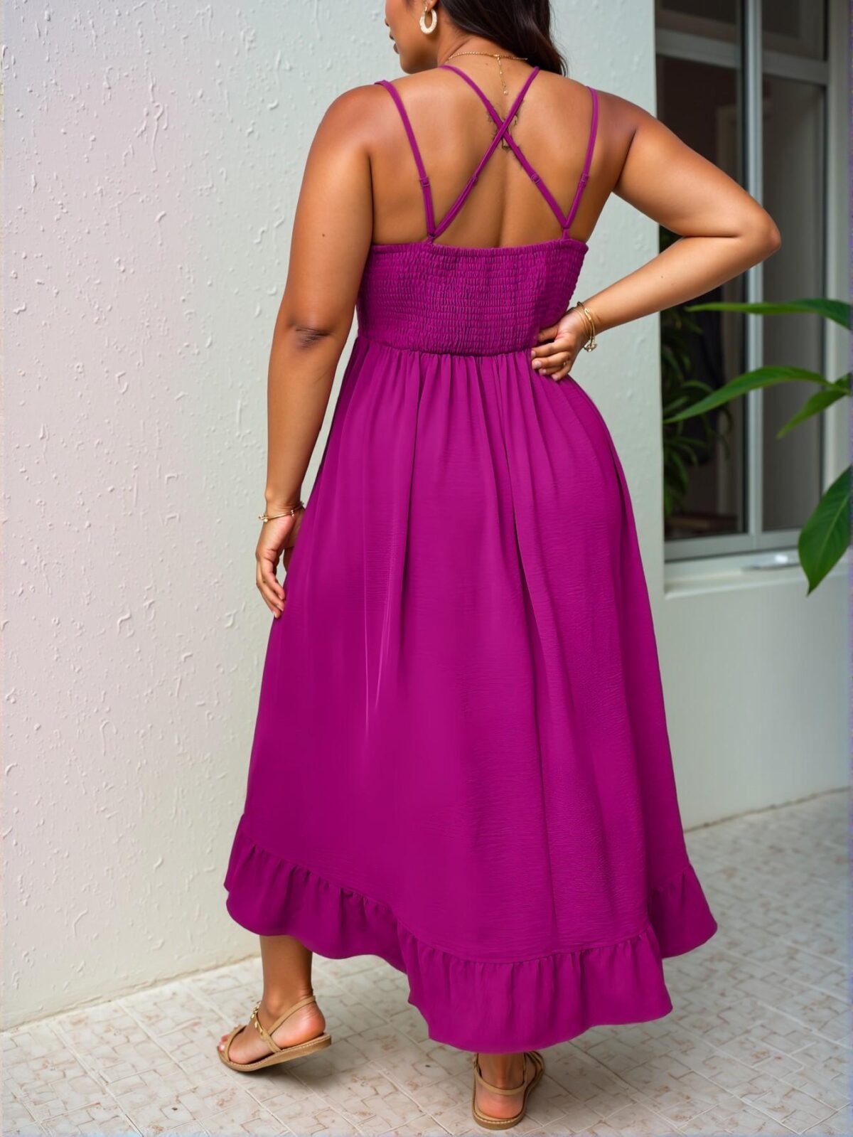 Elegant Red Violet Casual Patchwork Ruffle Trim Camisole Dress for Beach Days and Summertime Fun – Chic, Classy and Trendy Fashion Style to Dress to Impress - Image 2