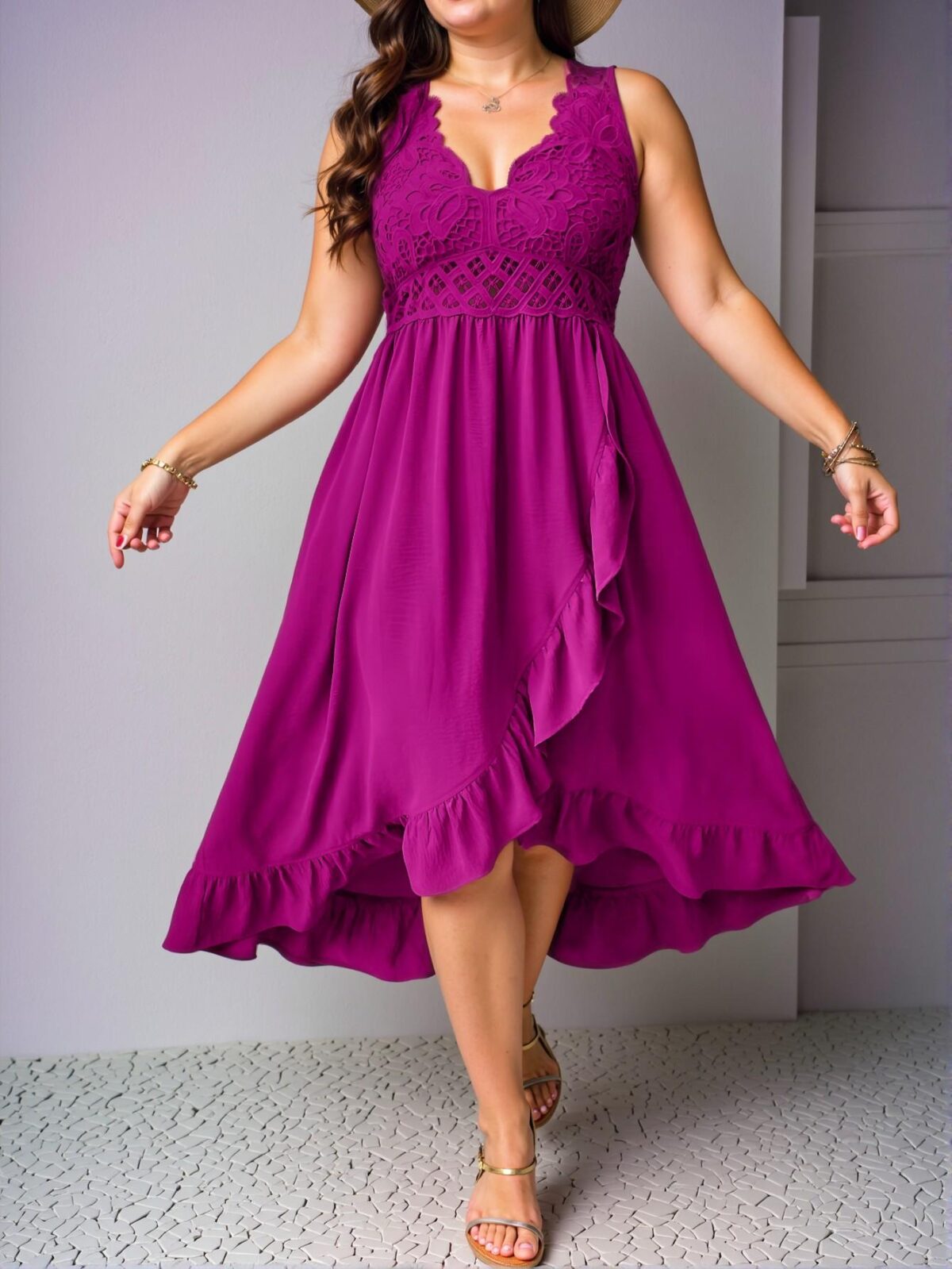 Elegant Red Violet Casual Patchwork Ruffle Trim Camisole Dress for Beach Days and Summertime Fun – Chic, Classy and Trendy Fashion Style to Dress to Impress - Image 3