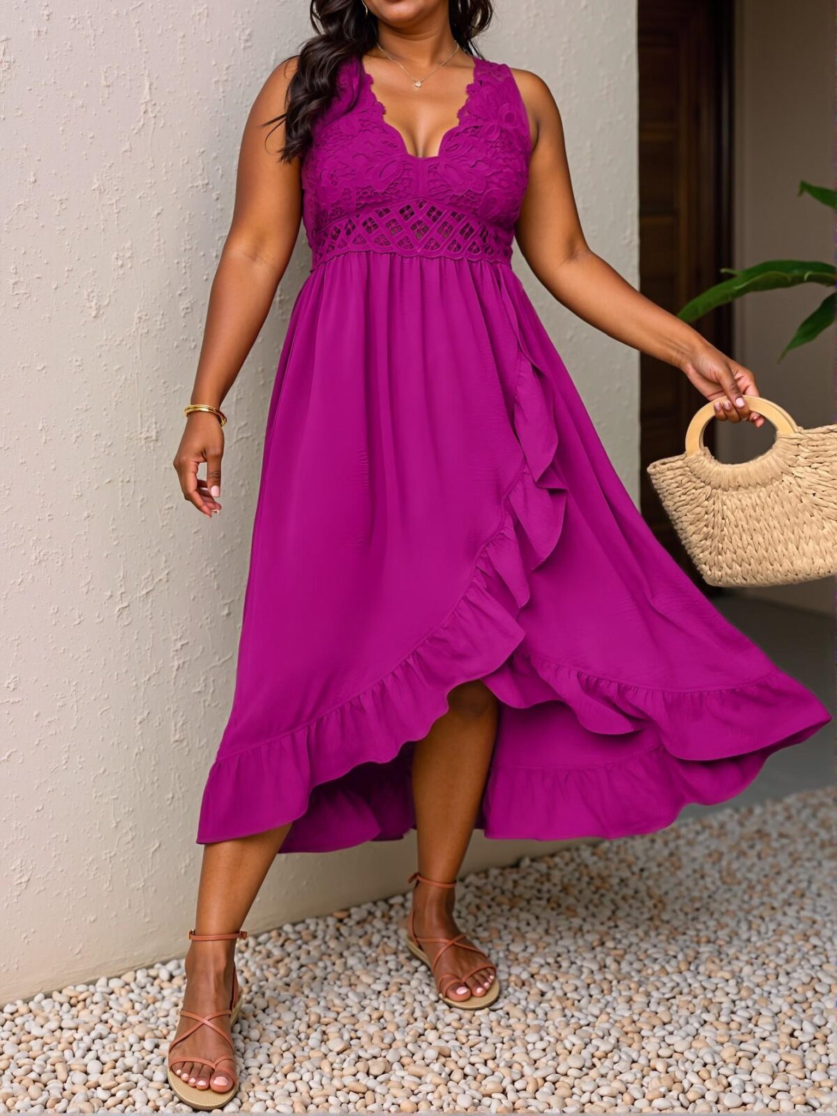 Elegant Red Violet Casual Patchwork Ruffle Trim Camisole Dress for Beach Days and Summertime Fun – Chic, Classy and Trendy Fashion Style to Dress to Impress - Image 4