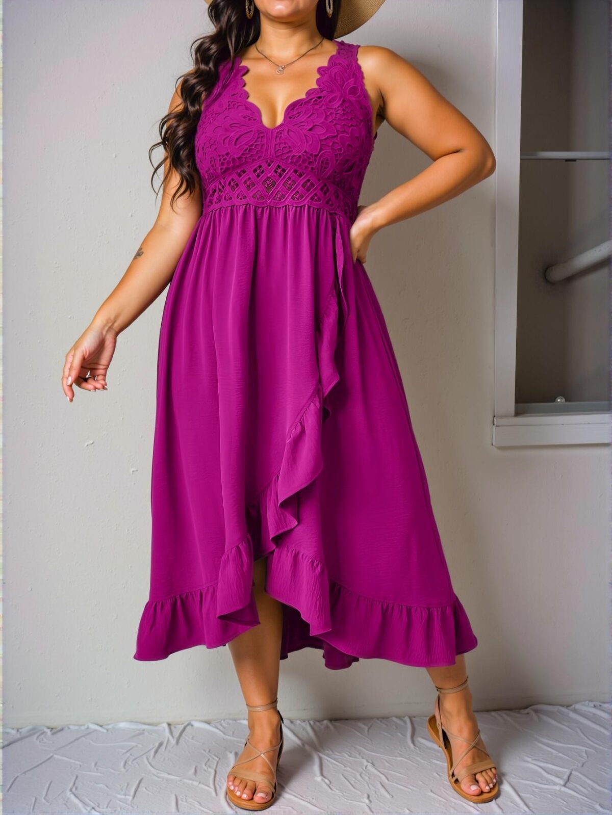 Elegant Red Violet Casual Patchwork Ruffle Trim Camisole Dress for Beach Days and Summertime Fun – Chic, Classy and Trendy Fashion Style to Dress to Impress - Image 5