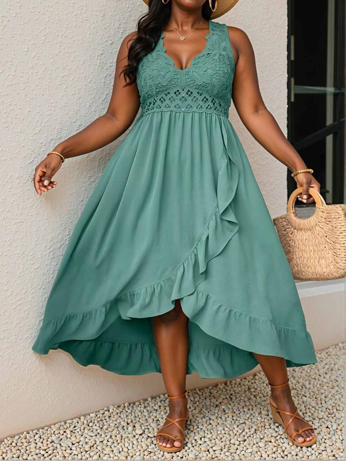 Elegant Olive Green Charming Plus Size Ruffle Trim Patchwork Cami Dress for Spring and Summer Getaways Chic, Classy and Trendy Fashion Style to Dress to Impress
