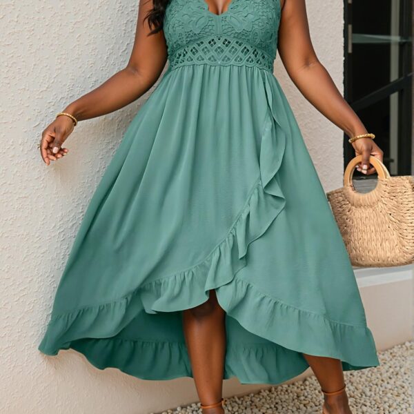 Elegant Olive Green Charming Plus Size Ruffle Trim Patchwork Cami Dress for Spring and Summer Getaways Chic, Classy and Trendy Fashion Style to Dress to Impress