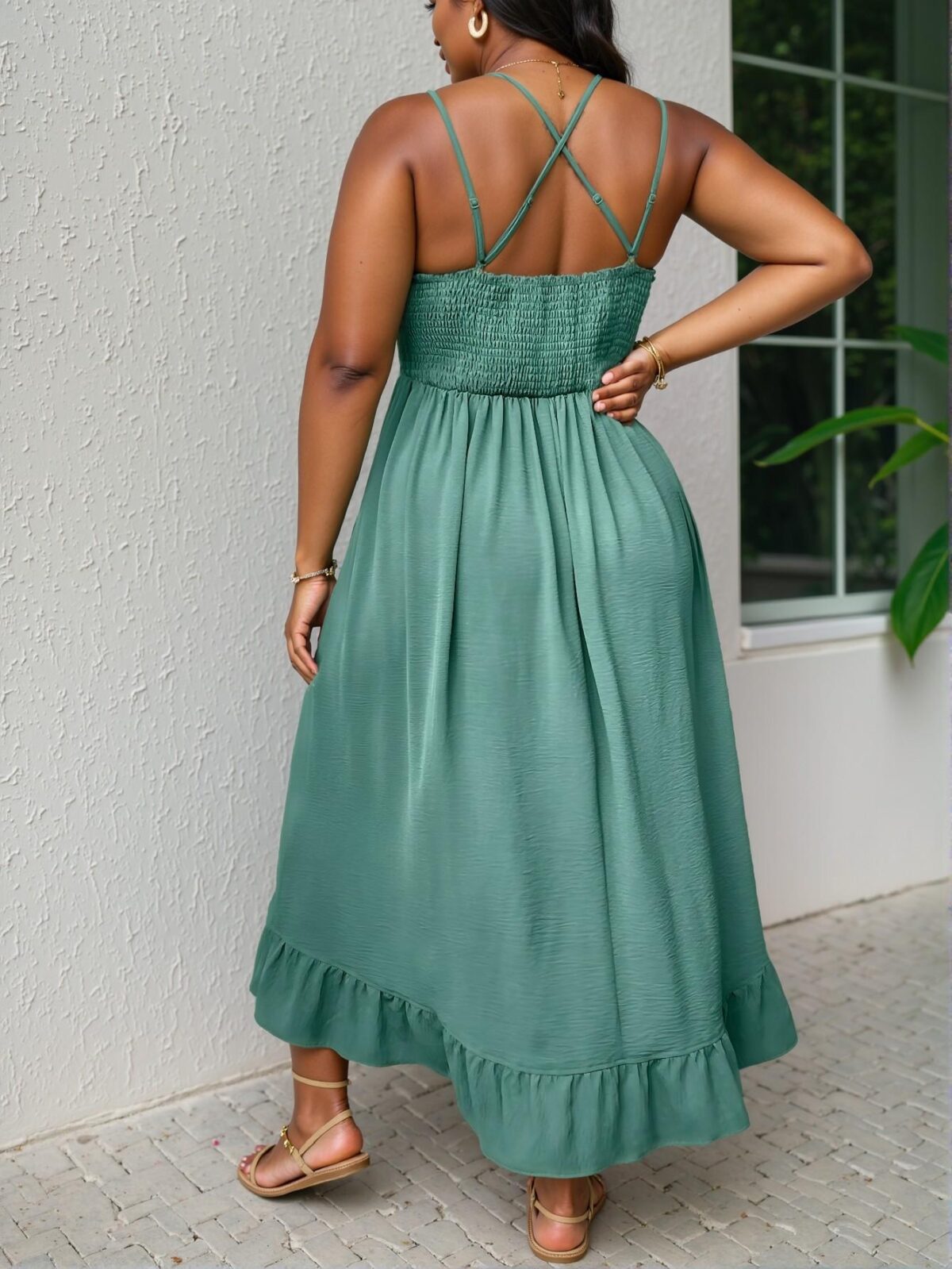 Elegant Olive Green Charming Plus Size Ruffle Trim Patchwork Cami Dress for Spring and Summer Getaways Chic, Classy and Trendy Fashion Style to Dress to Impress - Image 2