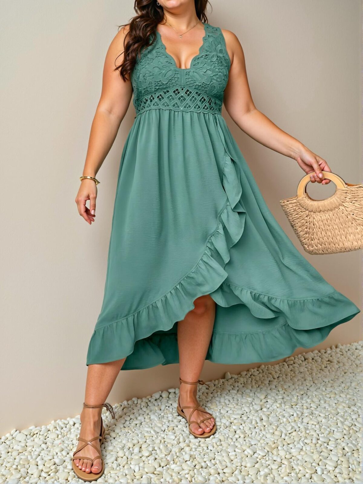 Elegant Olive Green Charming Plus Size Ruffle Trim Patchwork Cami Dress for Spring and Summer Getaways Chic, Classy and Trendy Fashion Style to Dress to Impress - Image 3