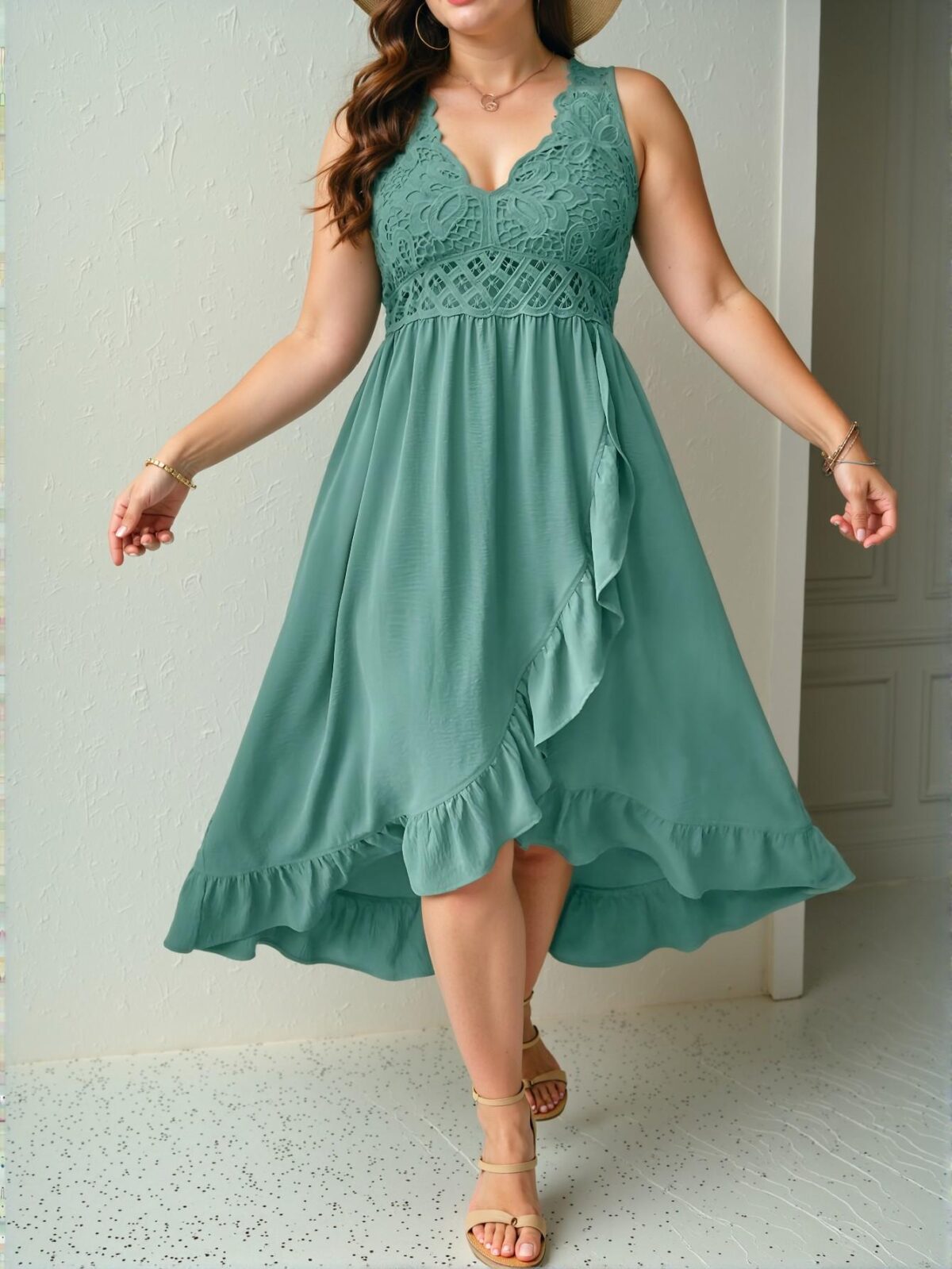 Elegant Olive Green Charming Plus Size Ruffle Trim Patchwork Cami Dress for Spring and Summer Getaways Chic, Classy and Trendy Fashion Style to Dress to Impress - Image 4