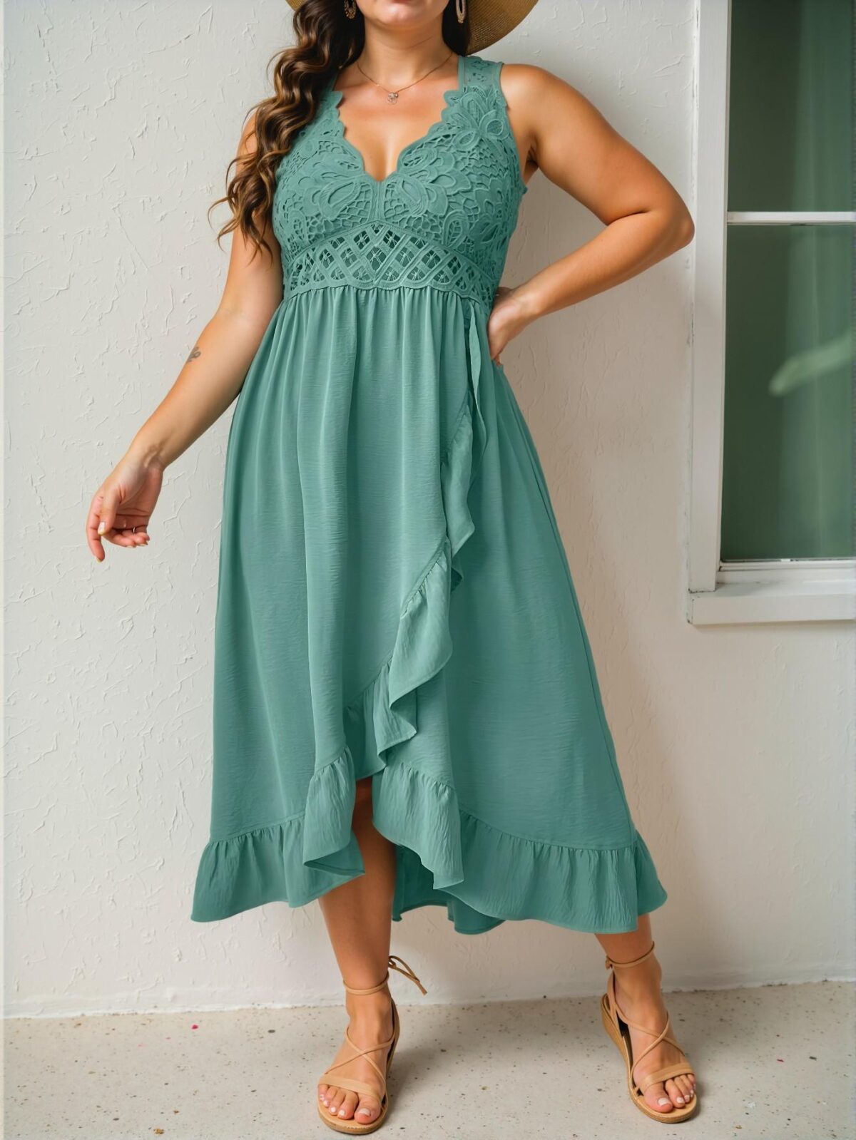 Elegant Olive Green Charming Plus Size Ruffle Trim Patchwork Cami Dress for Spring and Summer Getaways Chic, Classy and Trendy Fashion Style to Dress to Impress - Image 5