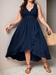 Elegant Navy Blue Stylish Plus Size Ruffled Strap Midi Dress with Contrast Lace and Wrap Design for Casual Spring and Summer Outings - Chic, Classy and Trendy Fashion Style to Dress to Impress.