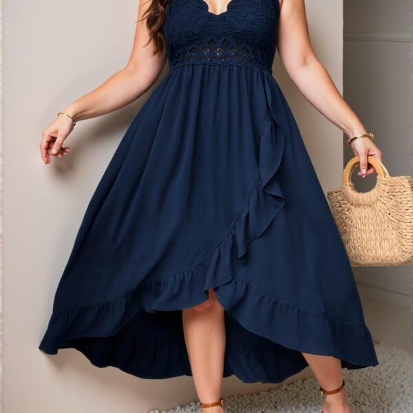 Elegant Navy Blue Stylish Plus Size Ruffled Strap Midi Dress with Contrast Lace and Wrap Design for Casual Spring and Summer Outings - Chic, Classy and Trendy Fashion Style to Dress to Impress.