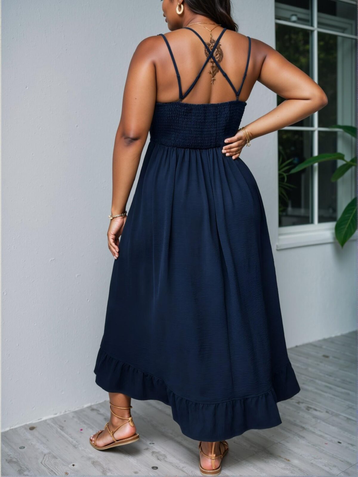 Elegant Navy Blue Stylish Plus Size Ruffled Strap Midi Dress with Contrast Lace and Wrap Design for Casual Spring and Summer Outings - Chic, Classy and Trendy Fashion Style to Dress to Impress. - Image 2