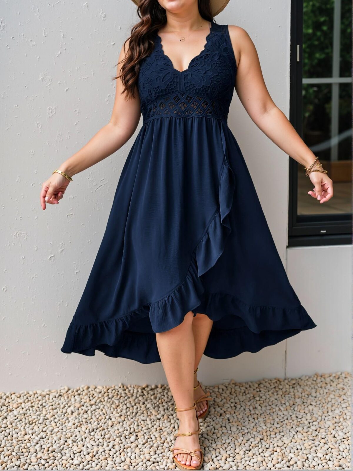 Elegant Navy Blue Stylish Plus Size Ruffled Strap Midi Dress with Contrast Lace and Wrap Design for Casual Spring and Summer Outings - Chic, Classy and Trendy Fashion Style to Dress to Impress. - Image 3