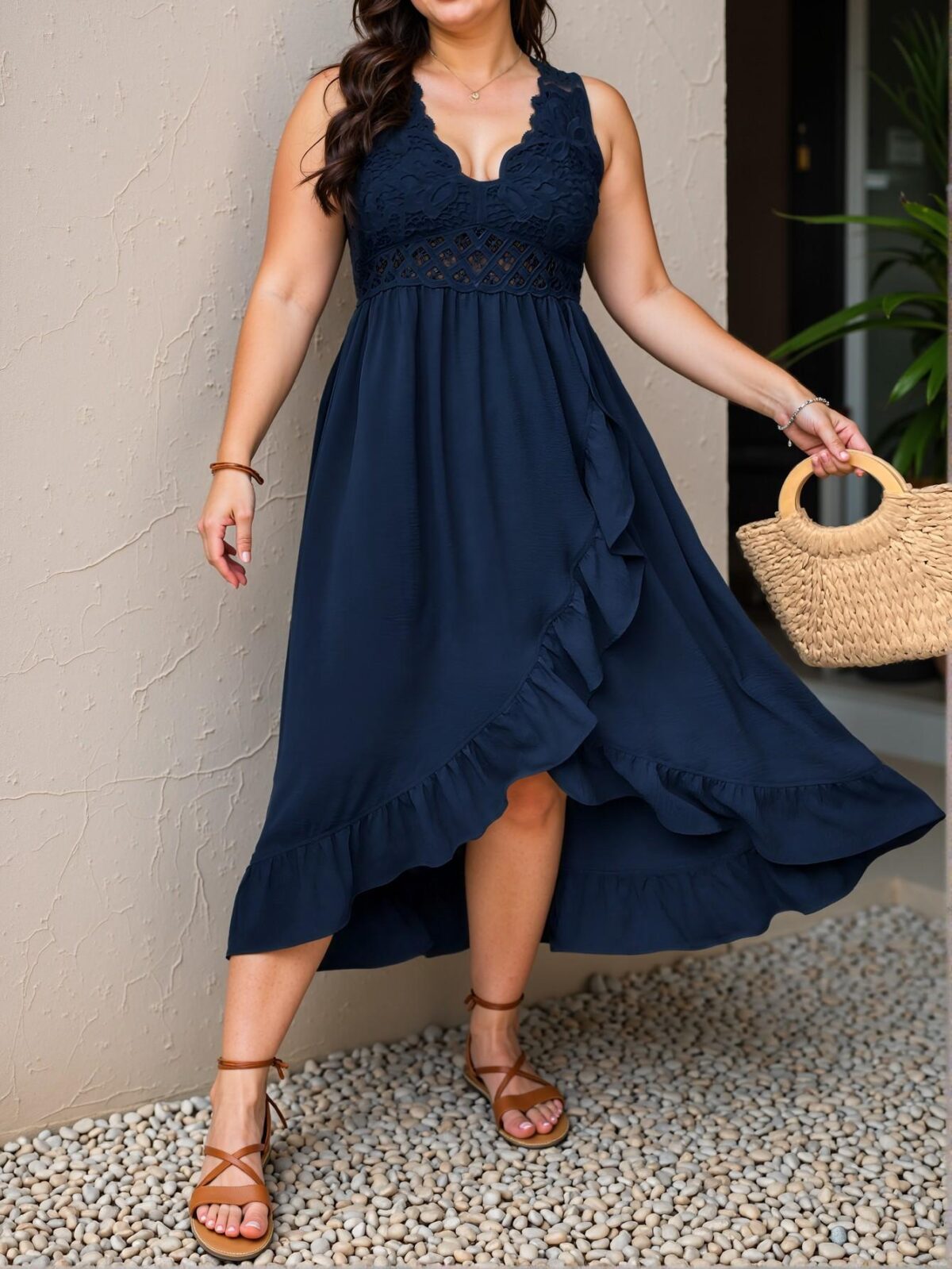 Elegant Navy Blue Stylish Plus Size Ruffled Strap Midi Dress with Contrast Lace and Wrap Design for Casual Spring and Summer Outings - Chic, Classy and Trendy Fashion Style to Dress to Impress. - Image 4