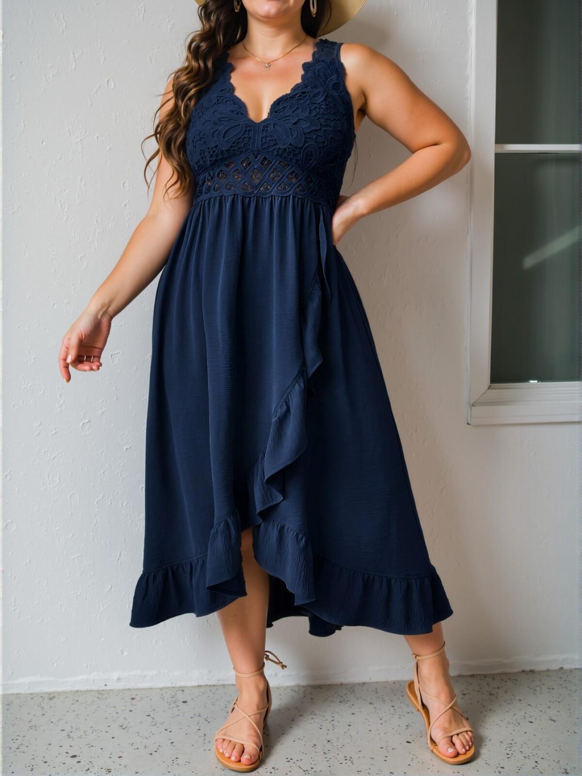 Elegant Navy Blue Stylish Plus Size Ruffled Strap Midi Dress with Contrast Lace and Wrap Design for Casual Spring and Summer Outings - Chic, Classy and Trendy Fashion Style to Dress to Impress. - Image 5